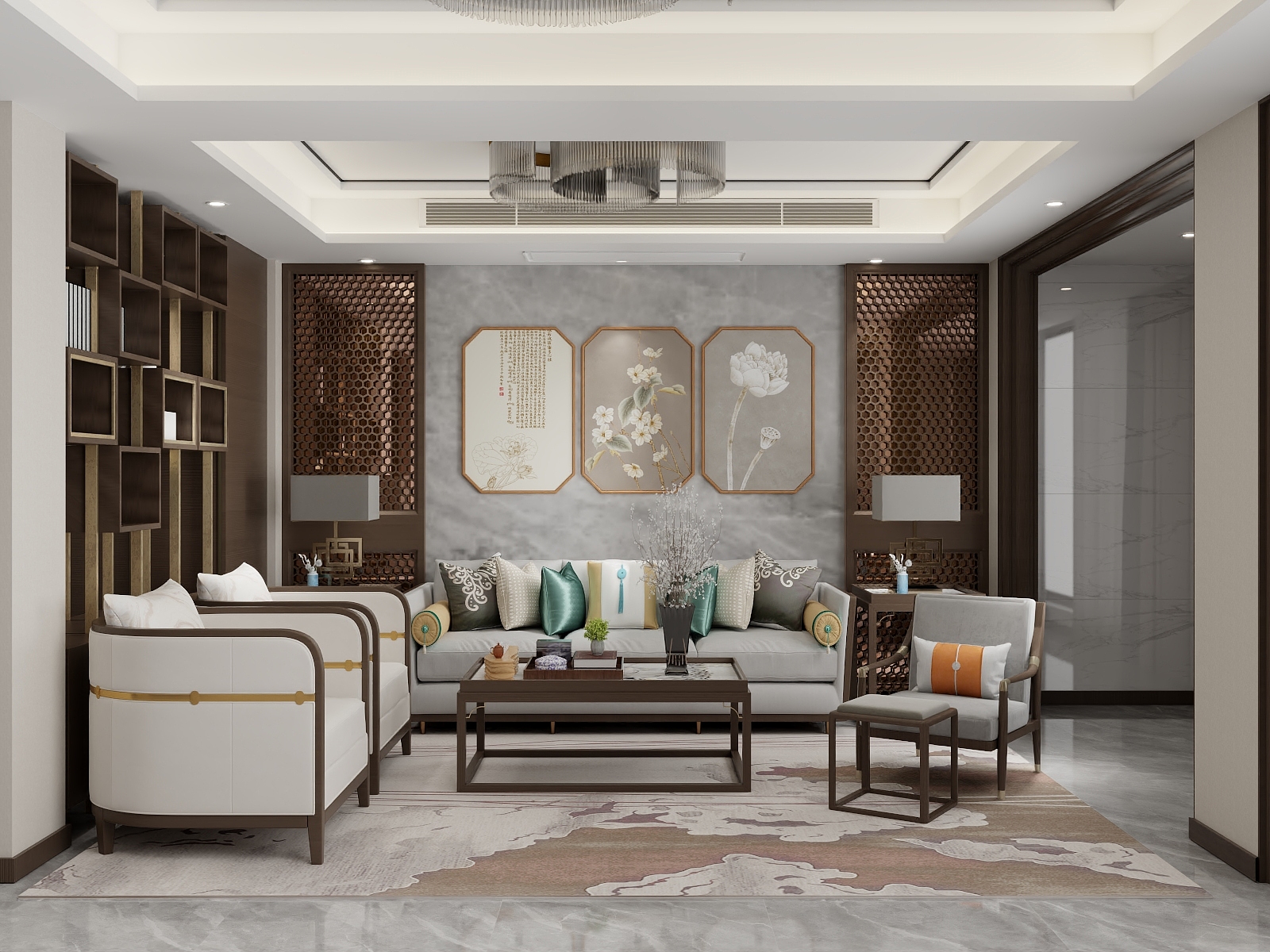 吴爽-132m²新中式风格三居室装修效果图