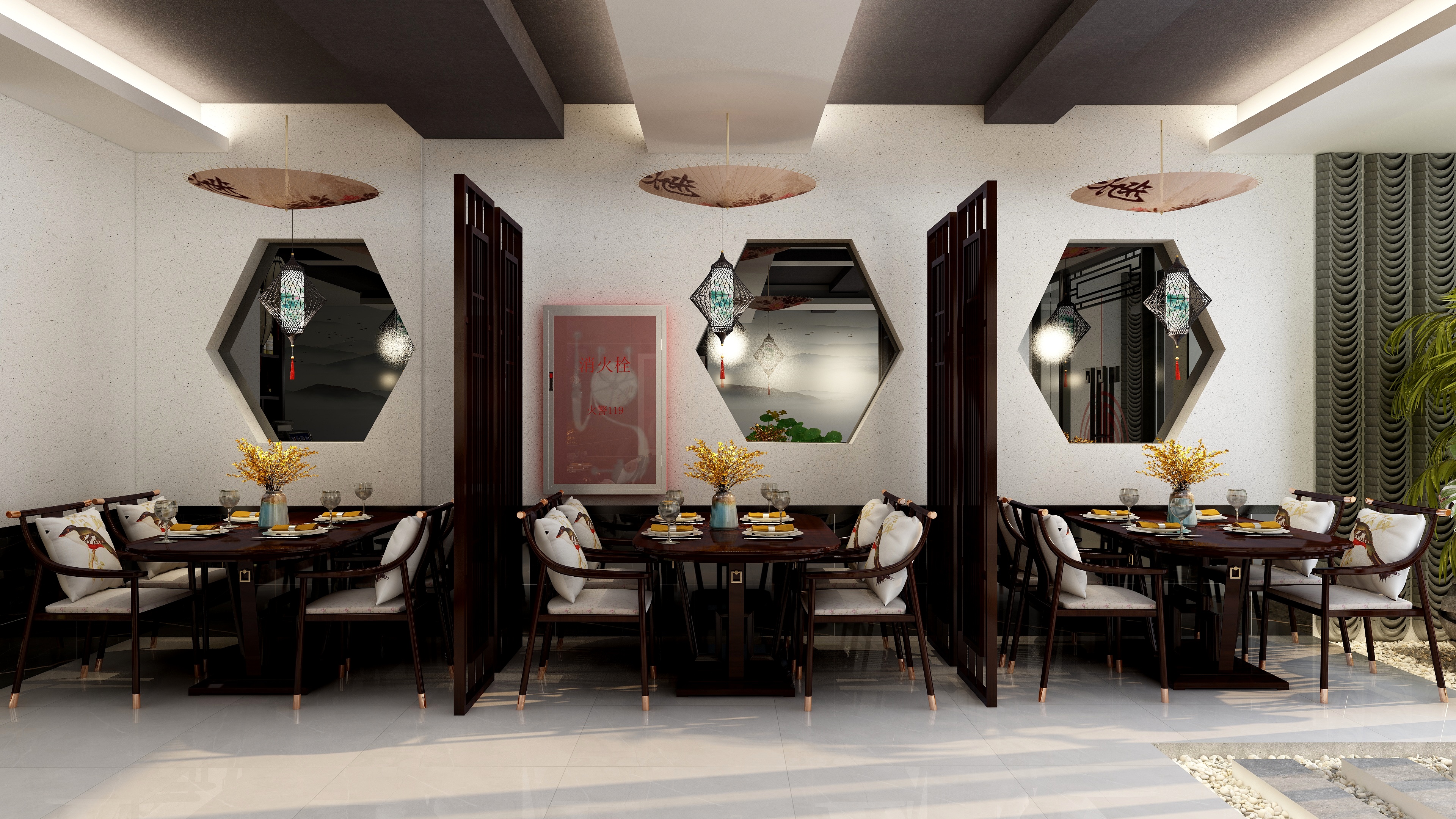 四月蚂蚁子弹飞-新中式风200m²餐厅装修效果图