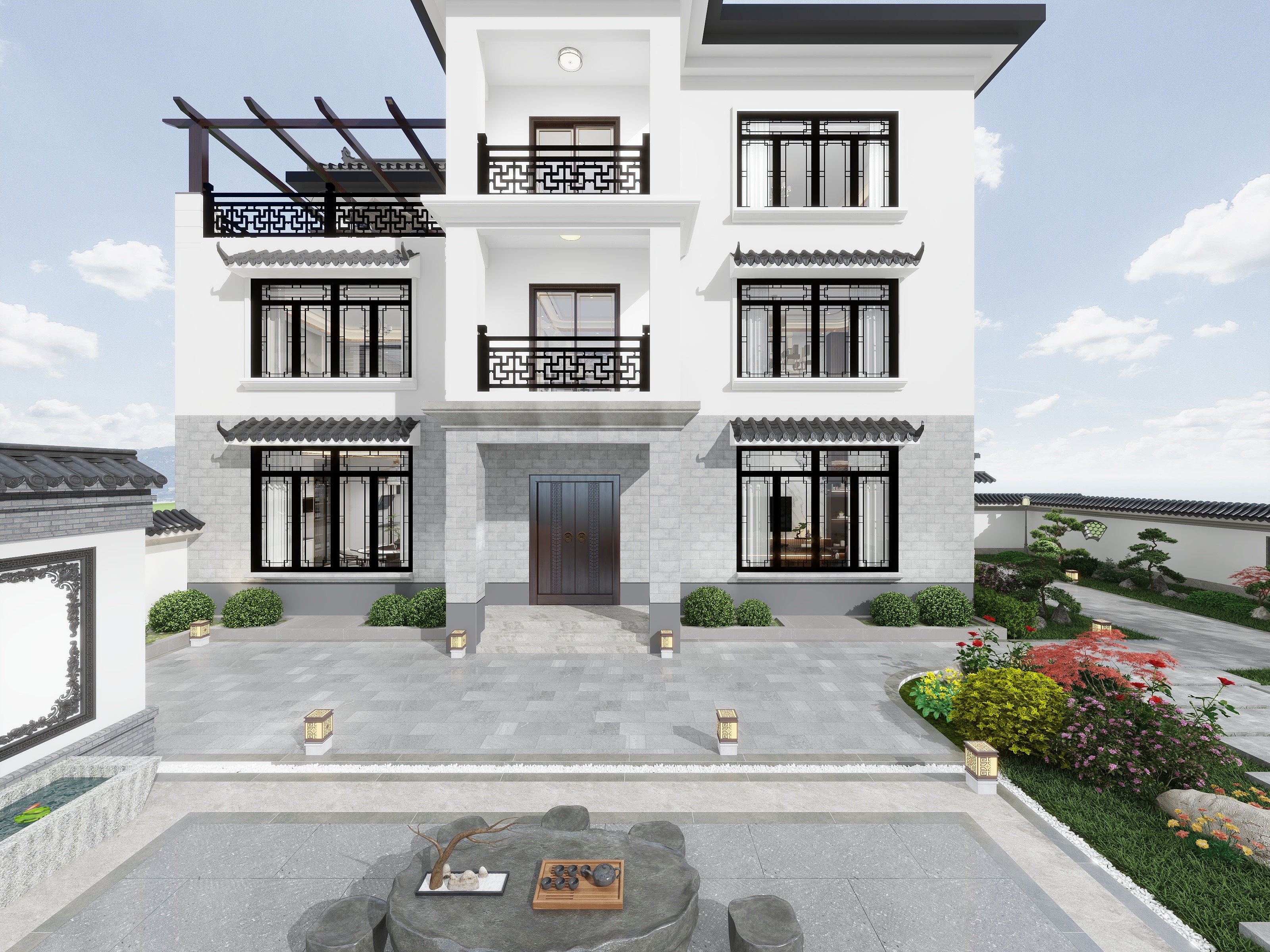 欧阳雪健-烟雨江南｜新中式别墅室内+室外+庭院景观装修效果图