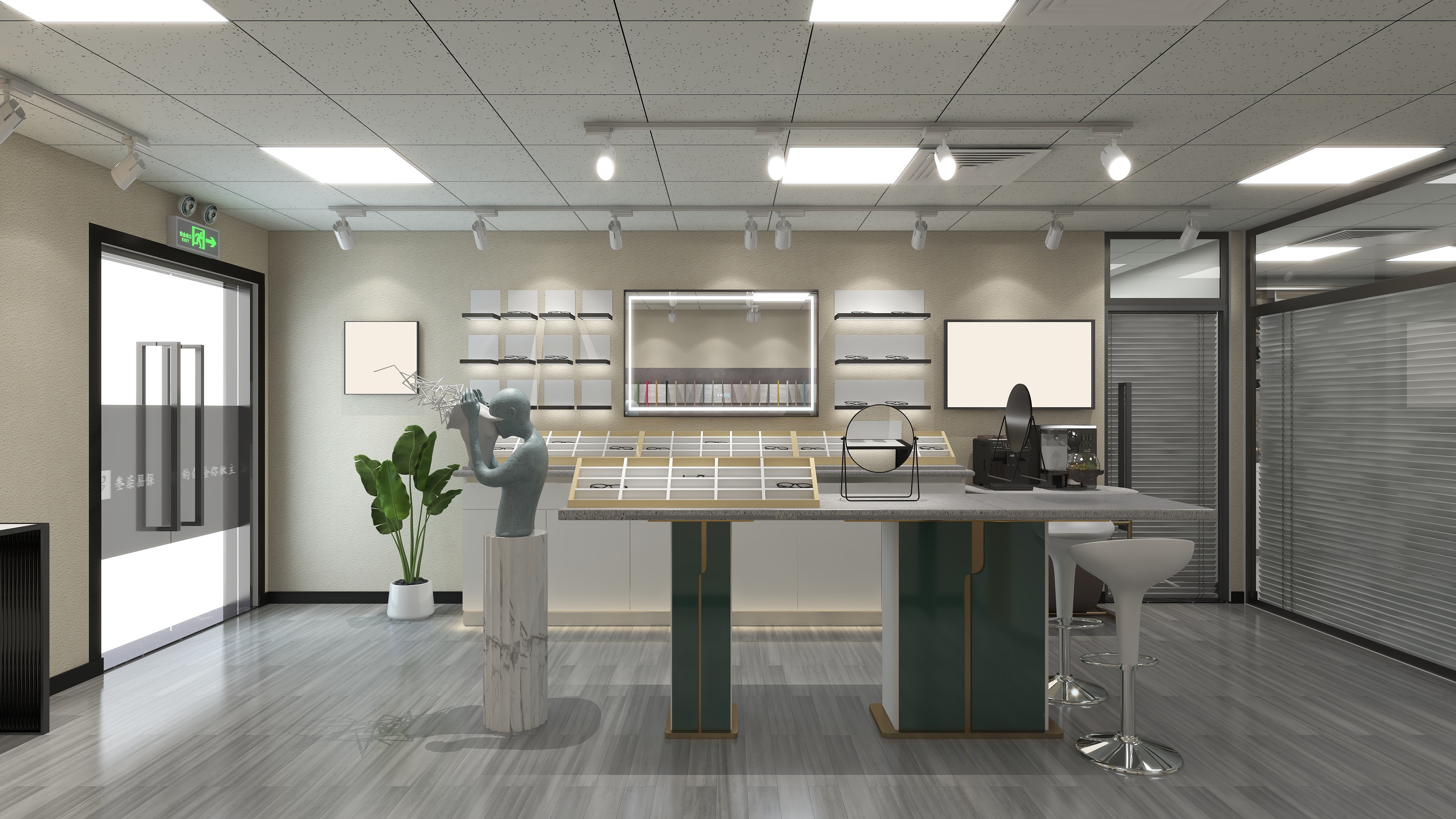 四月蚂蚁子弹飞-现代简约100m²眼镜店装修效果图