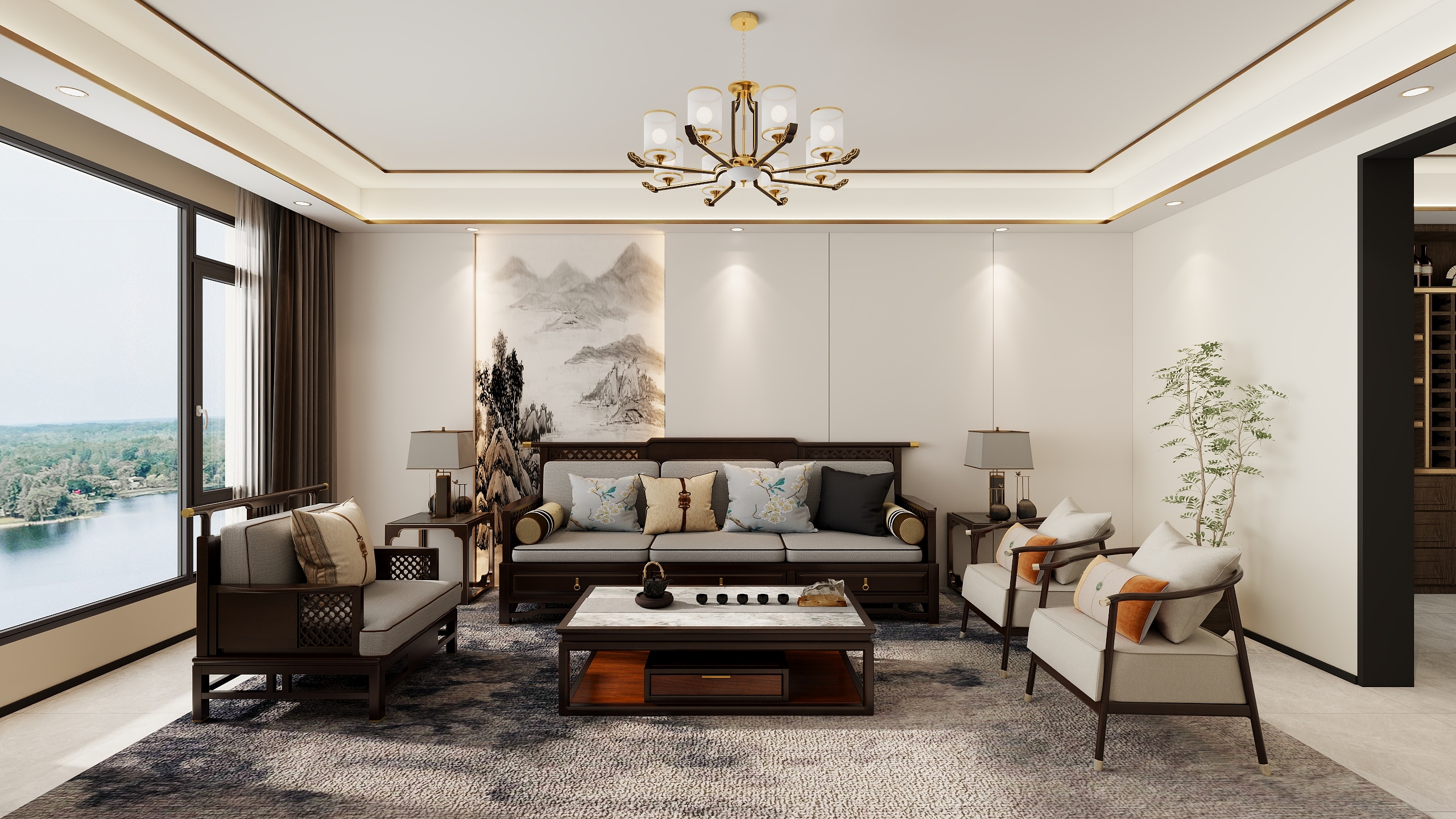 花海设计视觉表现-新中式客厅＋餐厅-装修设计方案