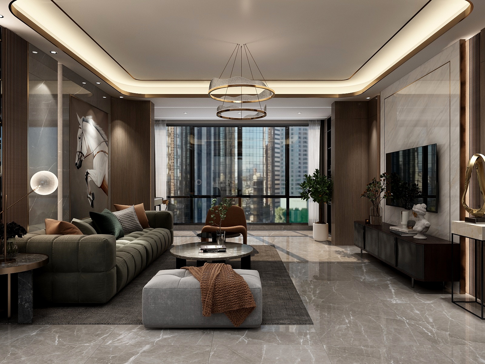 湛智华-现代轻奢161平5房胡桃木色装修效果图