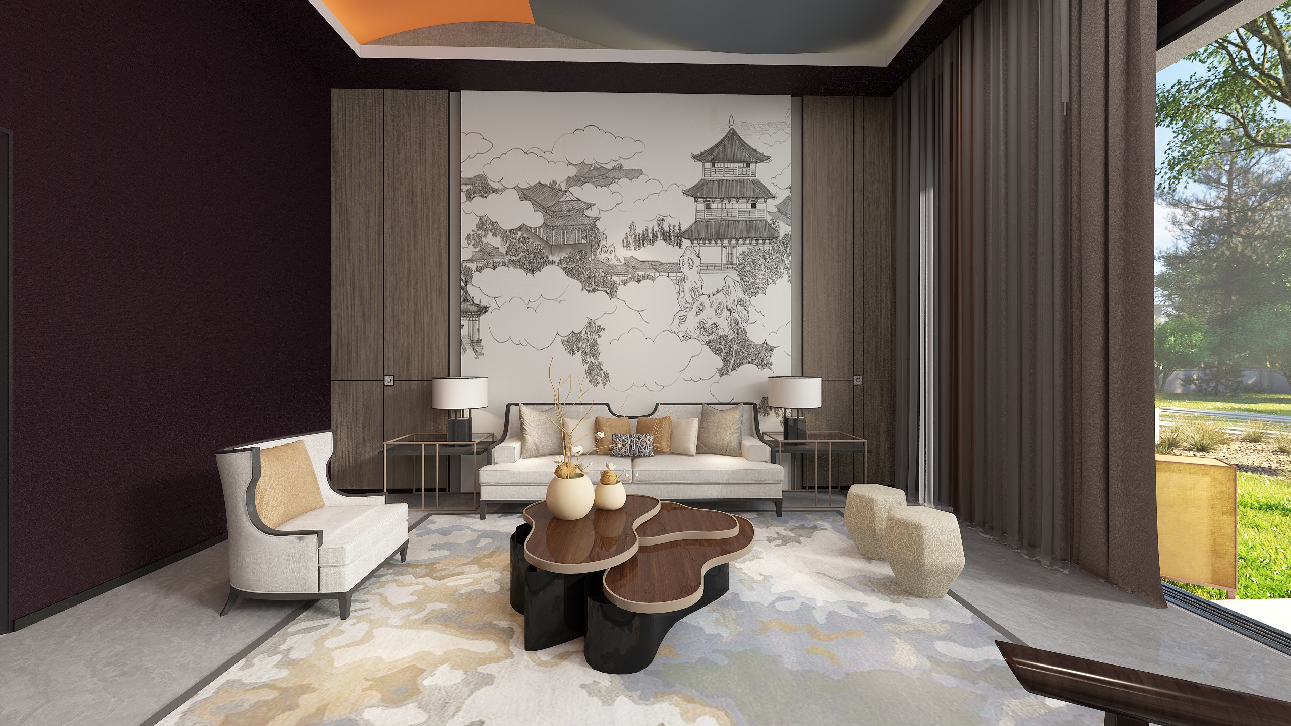 顾家家居麒麟-云-新中式客餐厅-装修设计方案