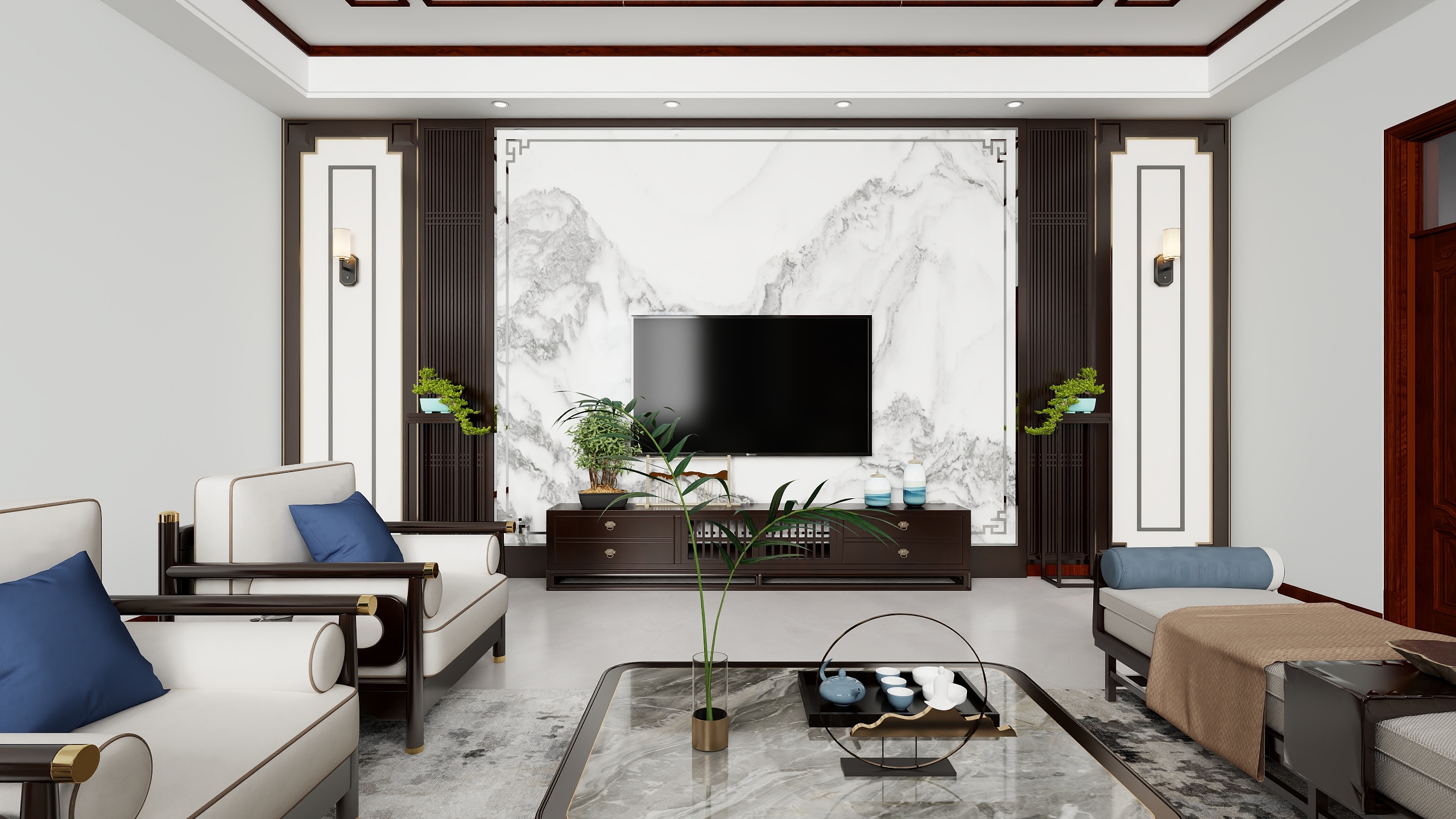 独立设计师董小生-A一层客厅厨房新中式装修效果图