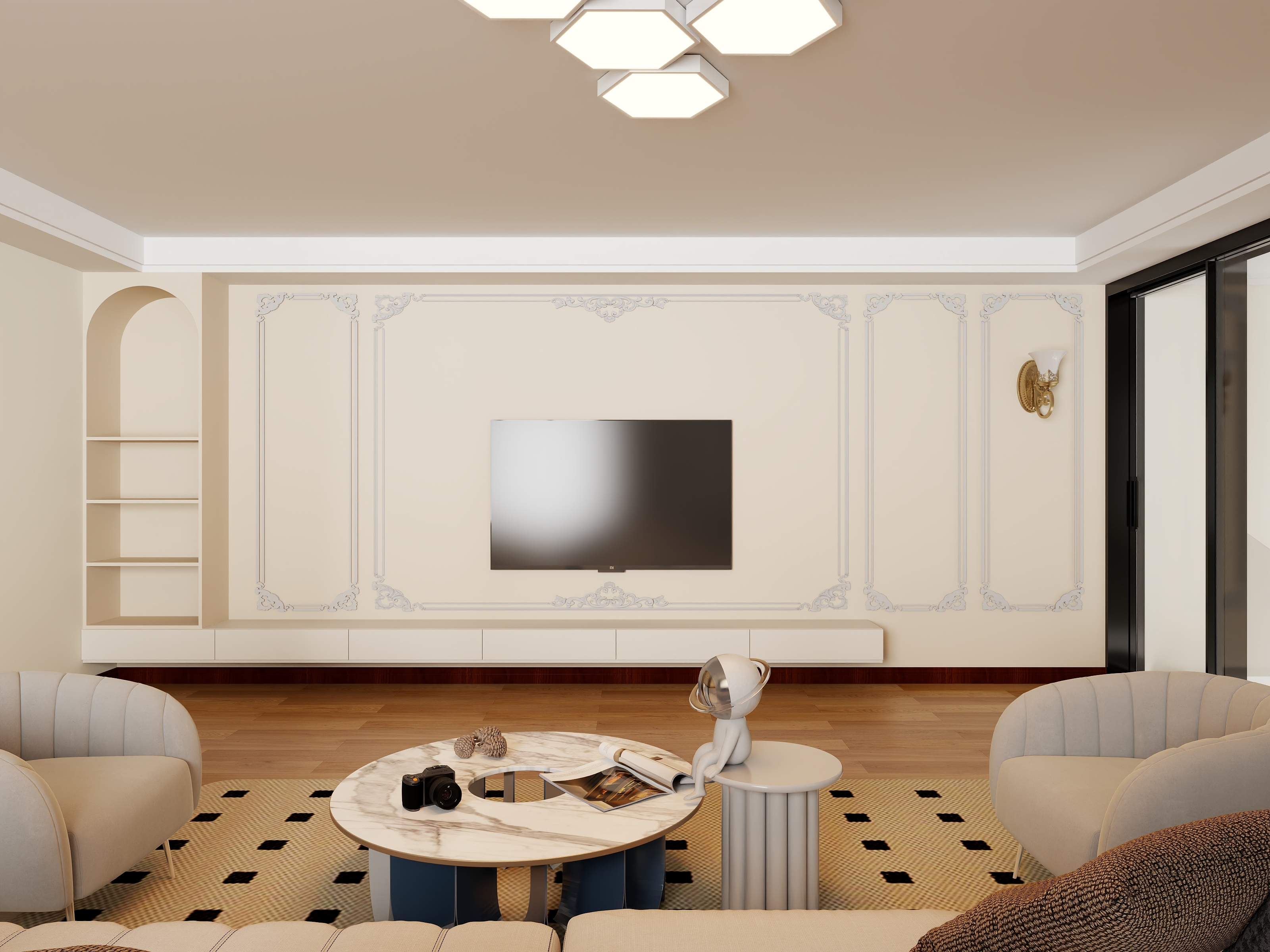 独立设计师董小生-A二层美式复古客厅卧室装修效果图