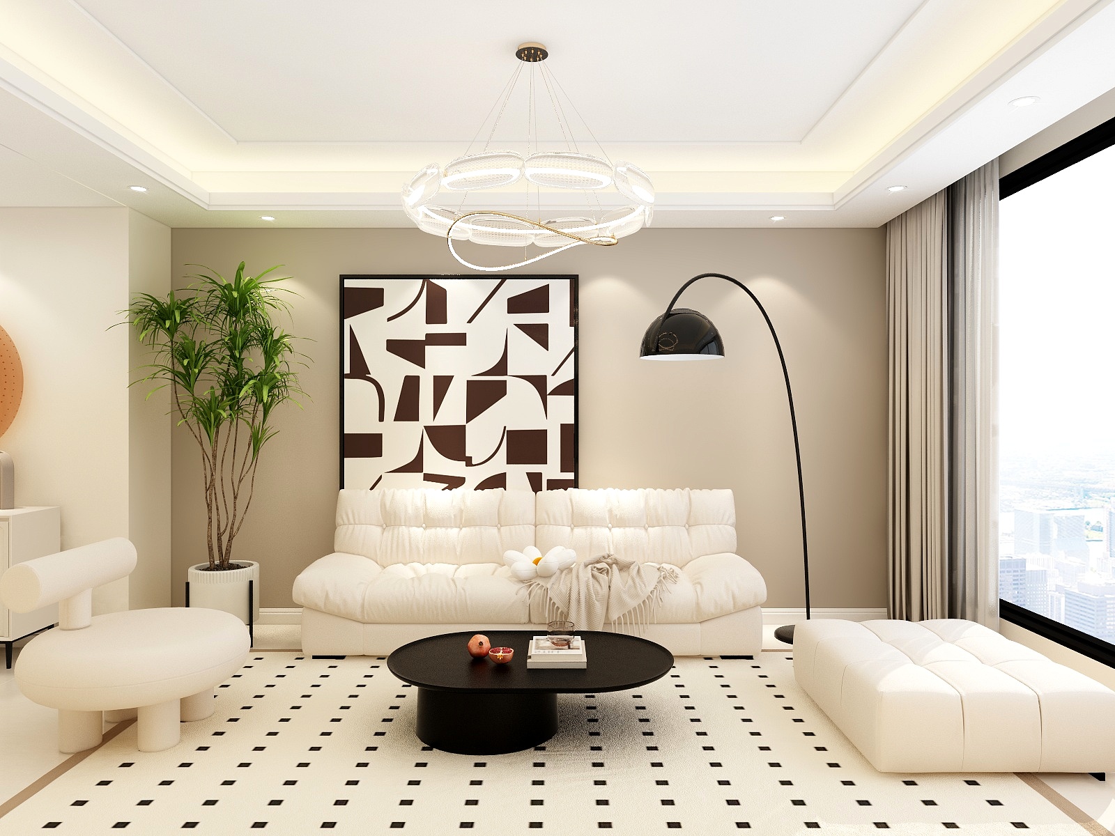 720全景效果图库-现代简约113平3房奶油色-装修设计方案