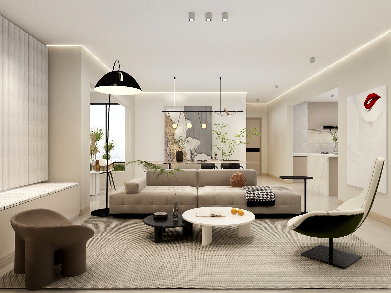 720全景效果图库-现代简约奶油色116平2房-装修设计方案