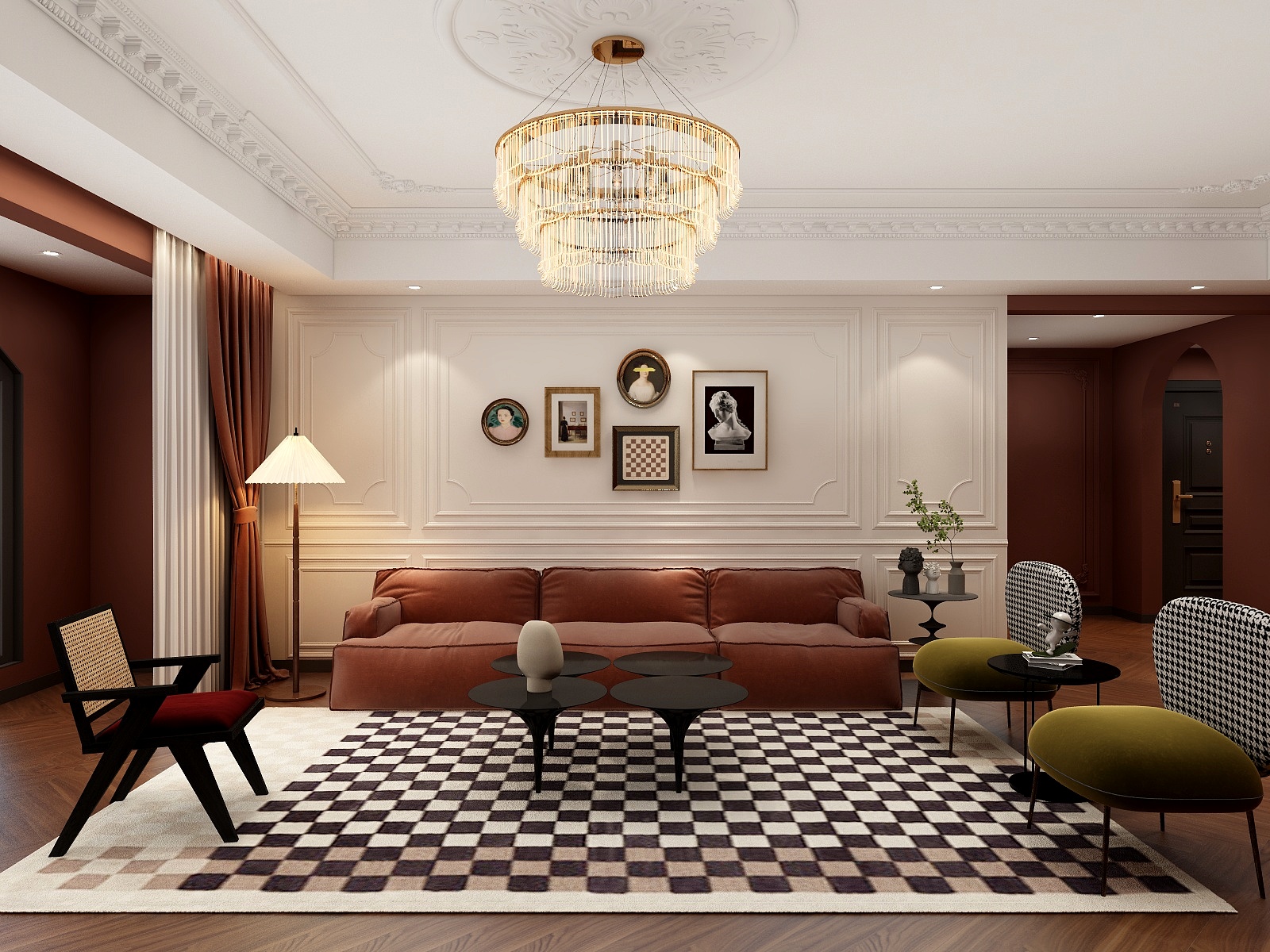 720全景效果图库-法式复古客餐厅97平-装修设计方案