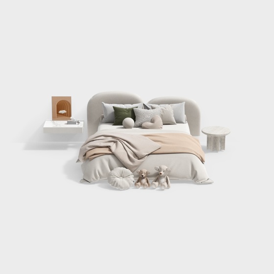 Modern Bedroom Double Bed Combination 3D Model in Beige