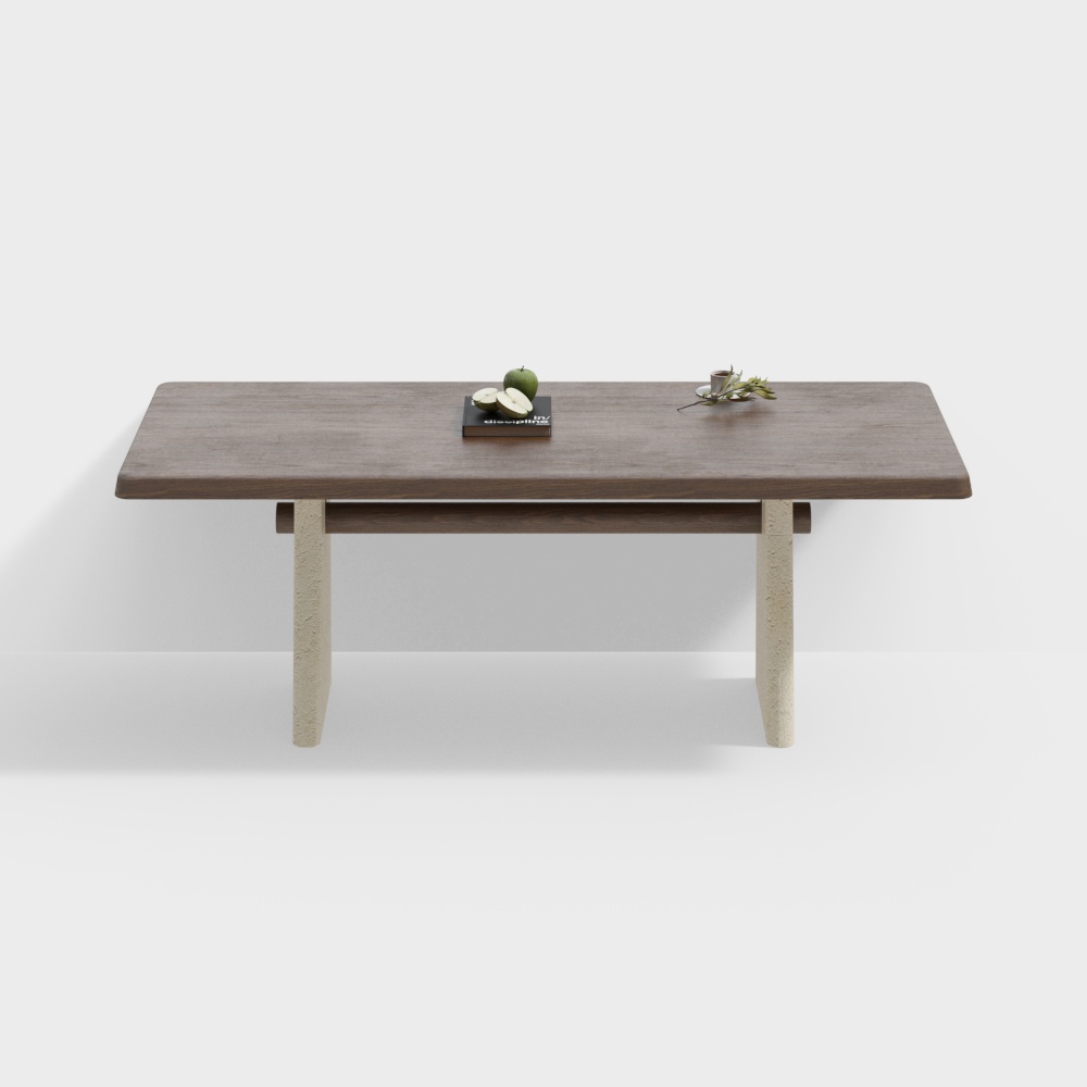 现代奶油风长方形实木餐桌3D模型