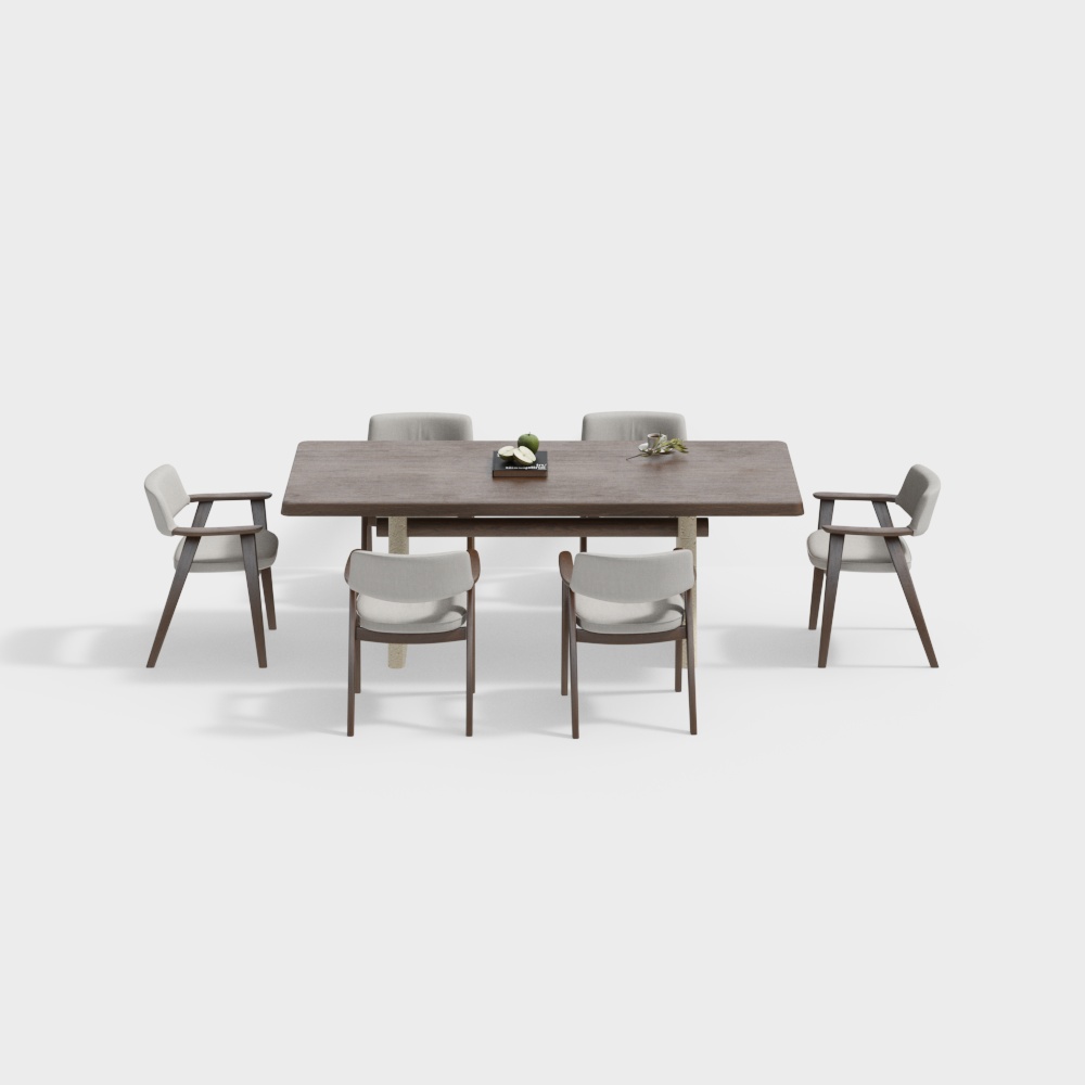 现代奶油风长方形实木餐桌椅组合3D模型