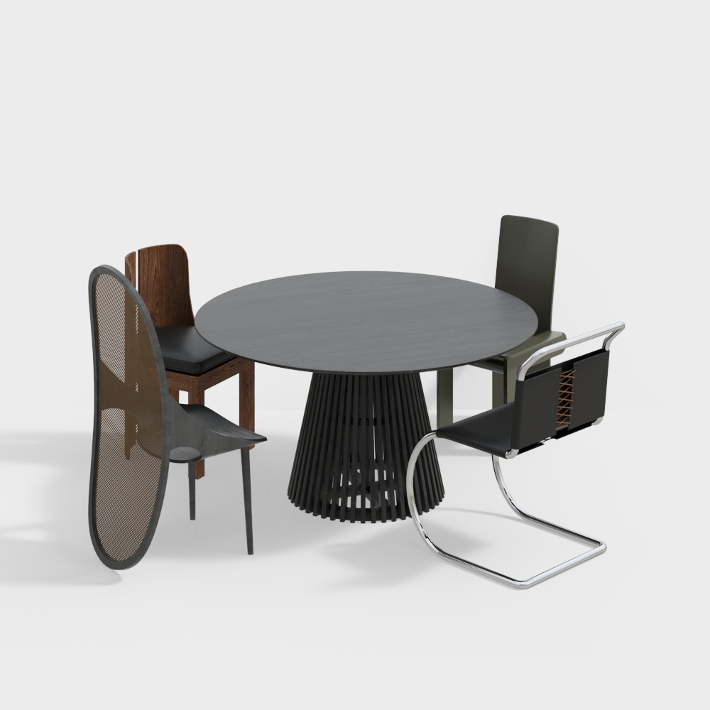 现代中古风家居餐厅餐桌椅组合3D模型