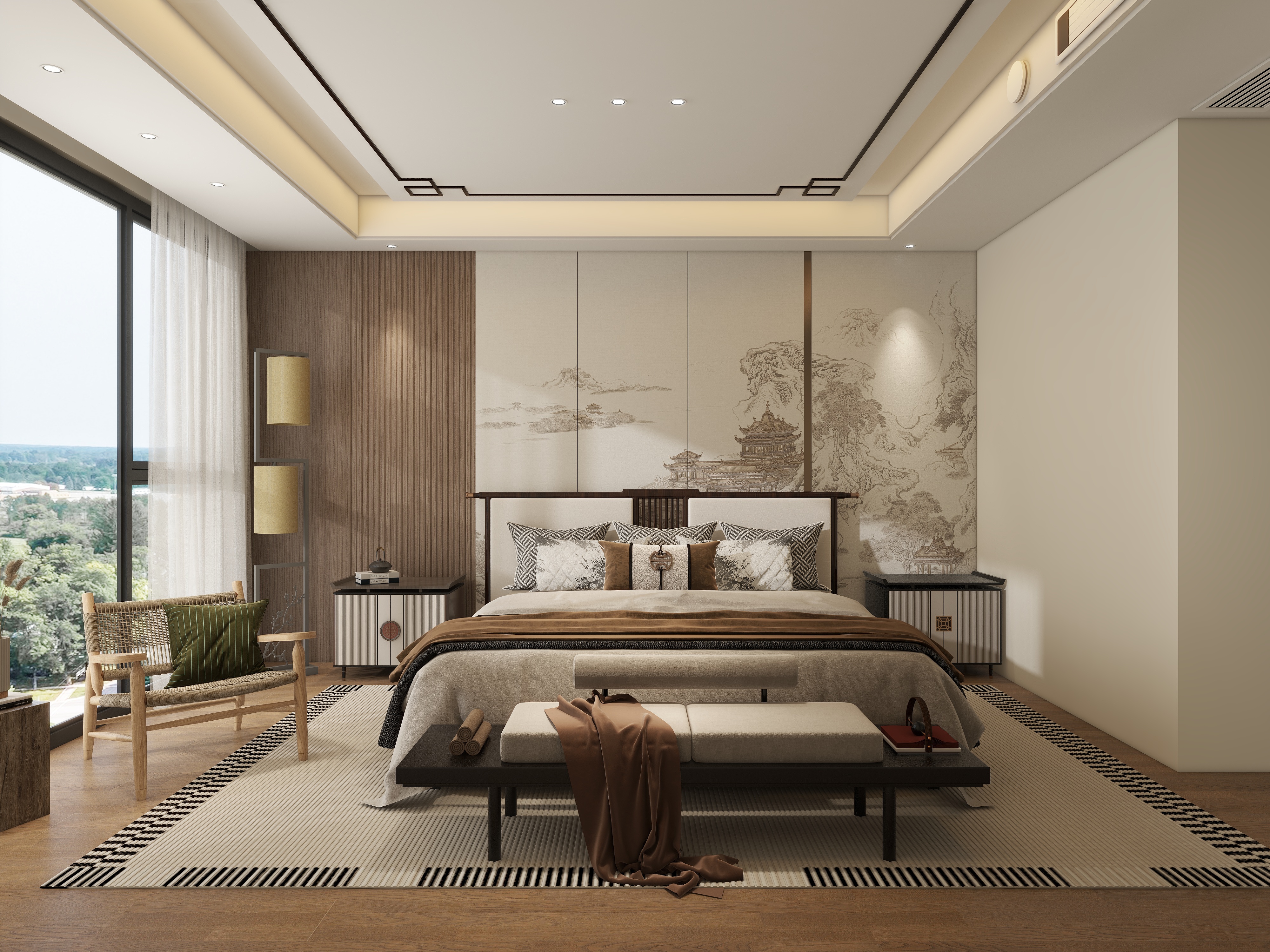 大金空调官方-悠享东方雅韵-新中式主卧设计装修效果图