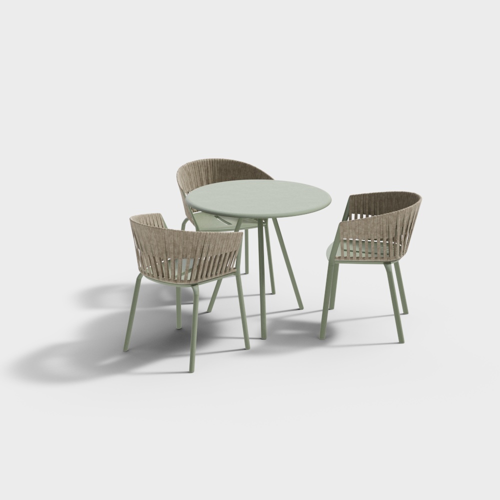 现代绿色藤编户外休闲桌椅组合3D模型