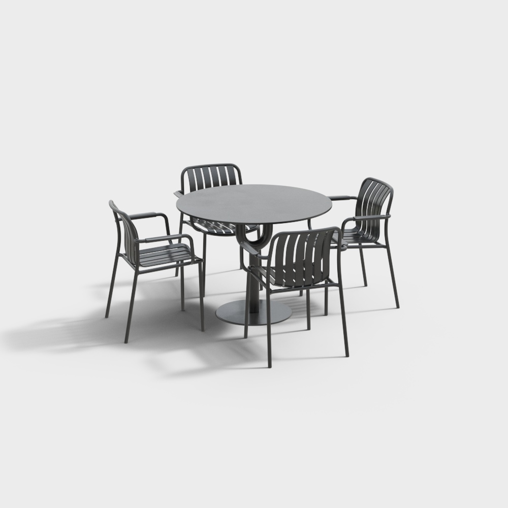 现代圆形黑色户外休闲桌椅组合3D模型