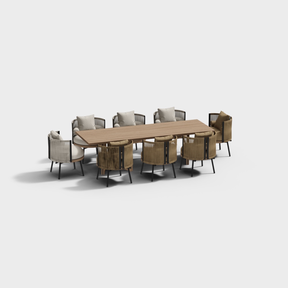 现代长方形藤编户外桌椅组合3D模型