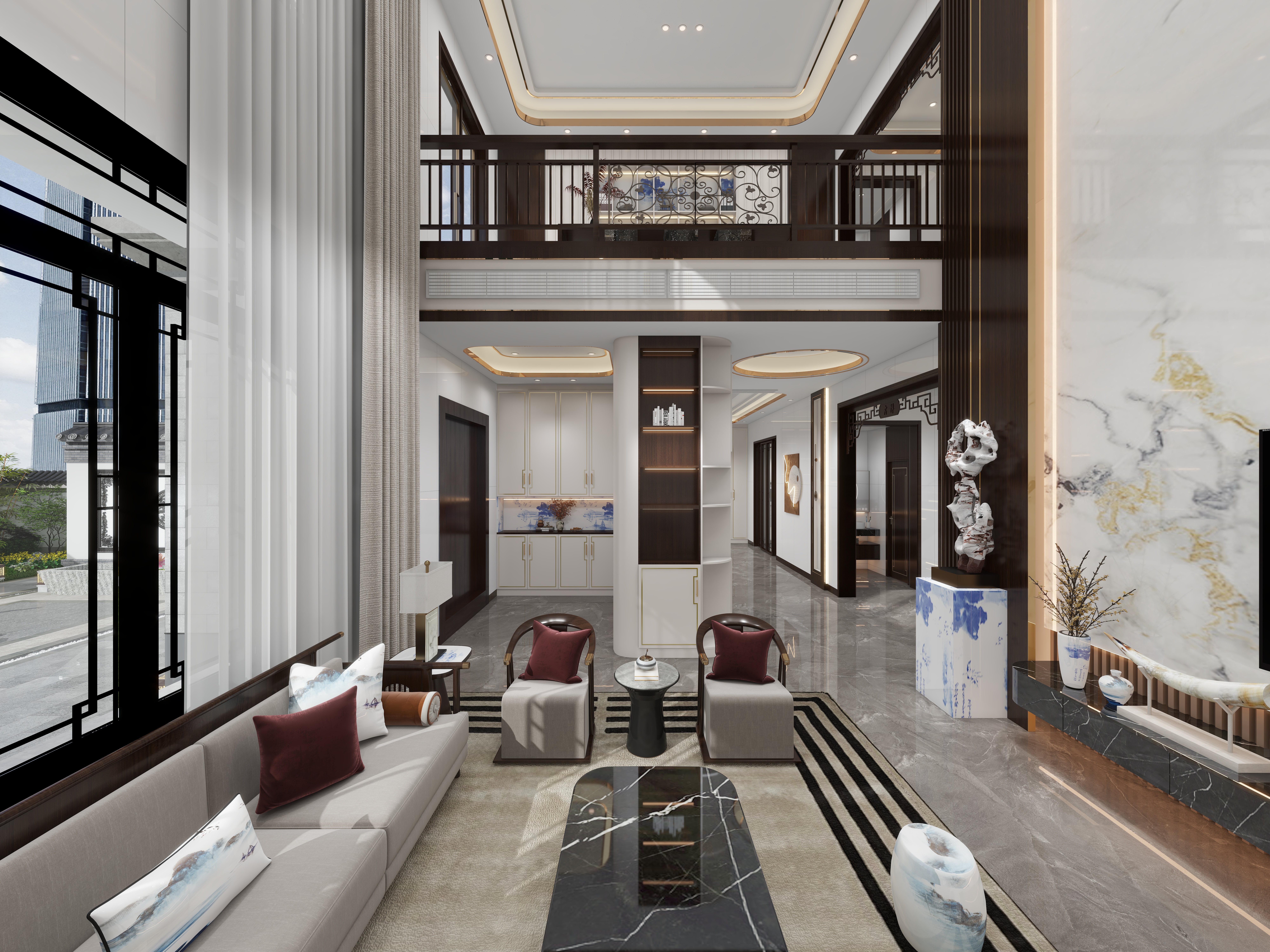 欧阳雪健-烟雨江南｜新中式别墅室内+室外+庭院景观装修效果图