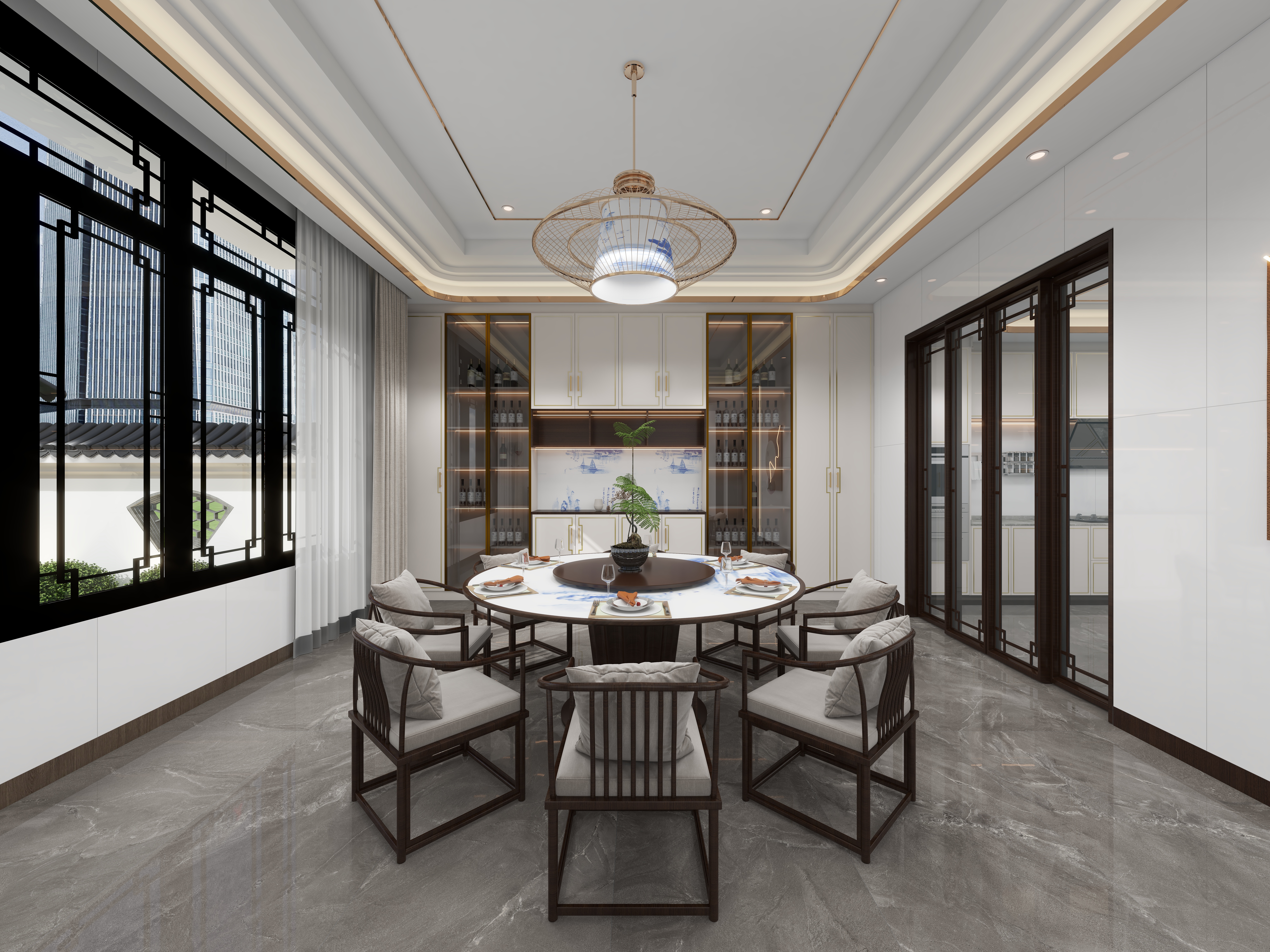 欧阳雪健-烟雨江南｜新中式别墅室内+室外+庭院景观装修效果图