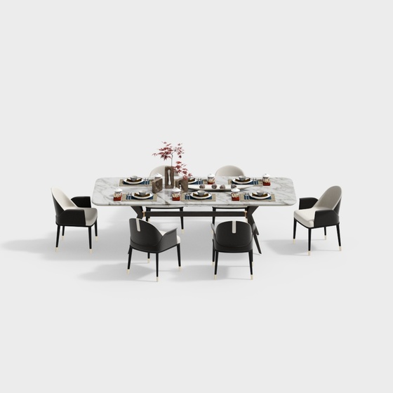 Dining Room Table and Chair Combination 3D Model in Black Finish