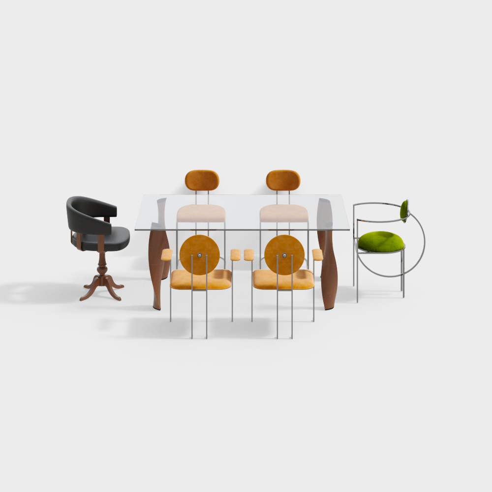 现代奶油风长方形玻璃餐桌椅组合3D模型
