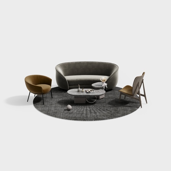 Modern Curved Sofa Set 3D Model in Gray