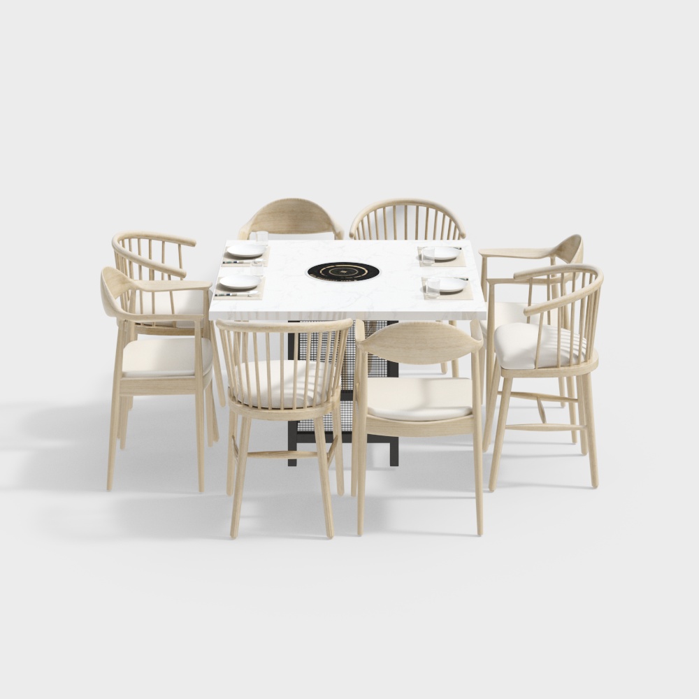 现代原木风餐桌椅组合3D模型