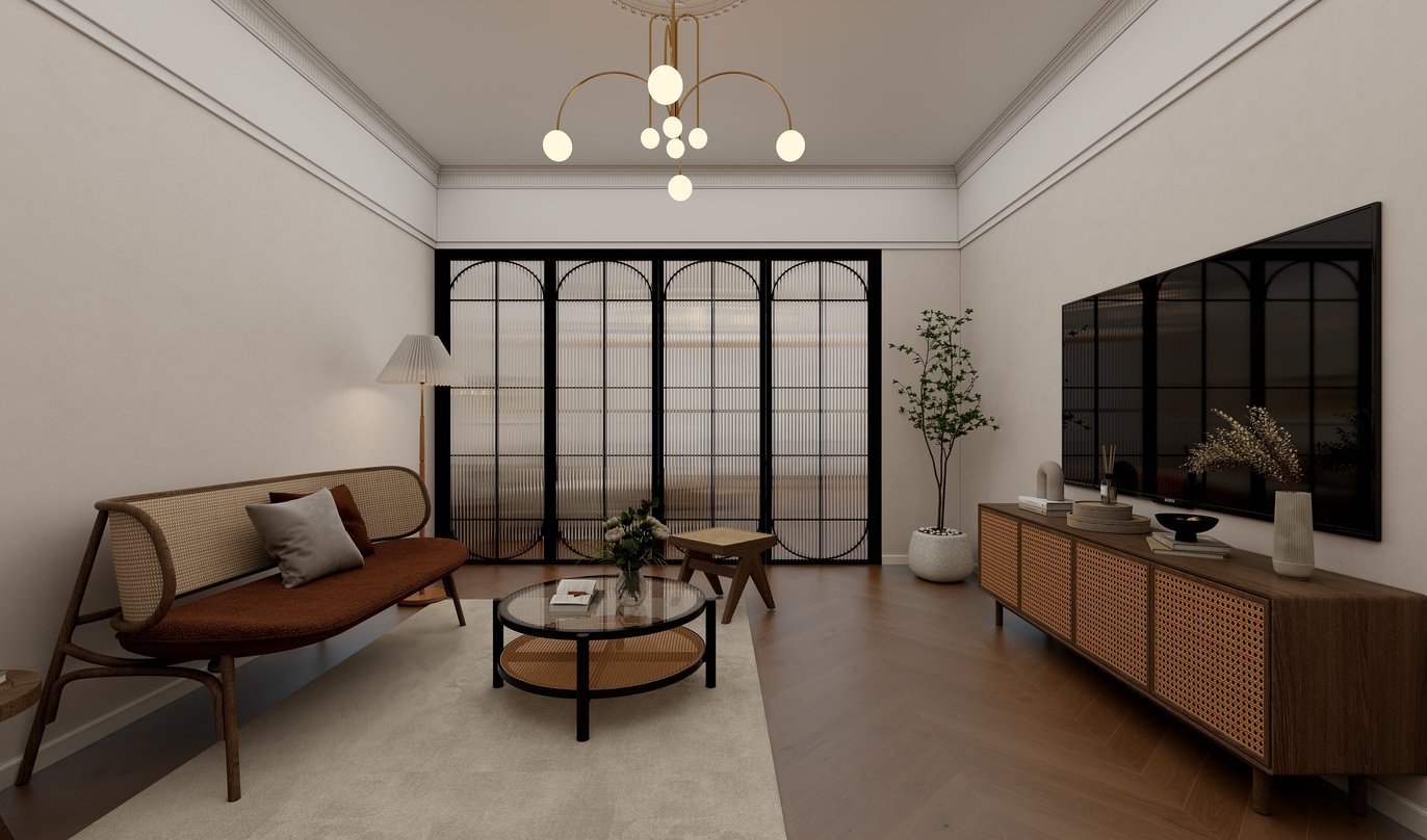 设计师丨胡月平-公寓法式奶油56㎡1室装修效果图