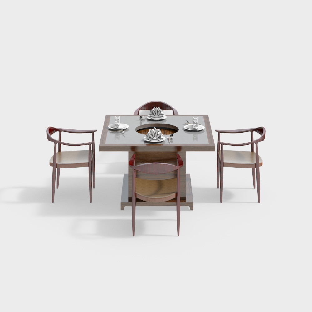 中式火锅店餐桌椅组合3D模型