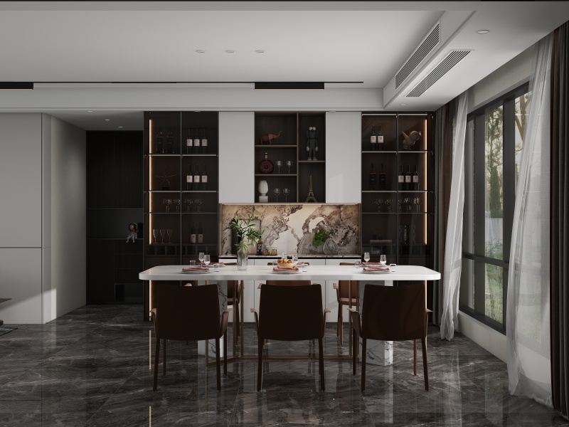Elegant Minimalist Dining Room with Wood Tones