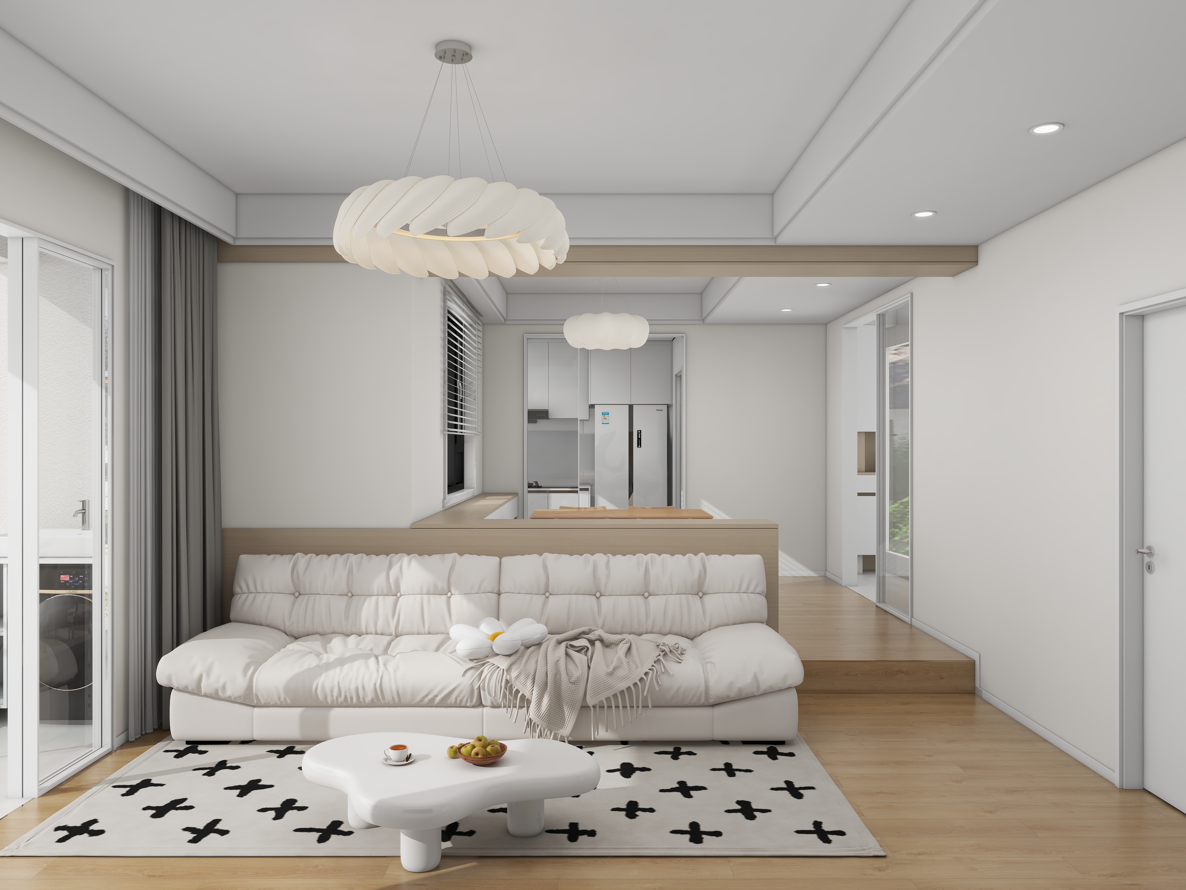 衣大路-奶油原木风-错层户型装修效果图