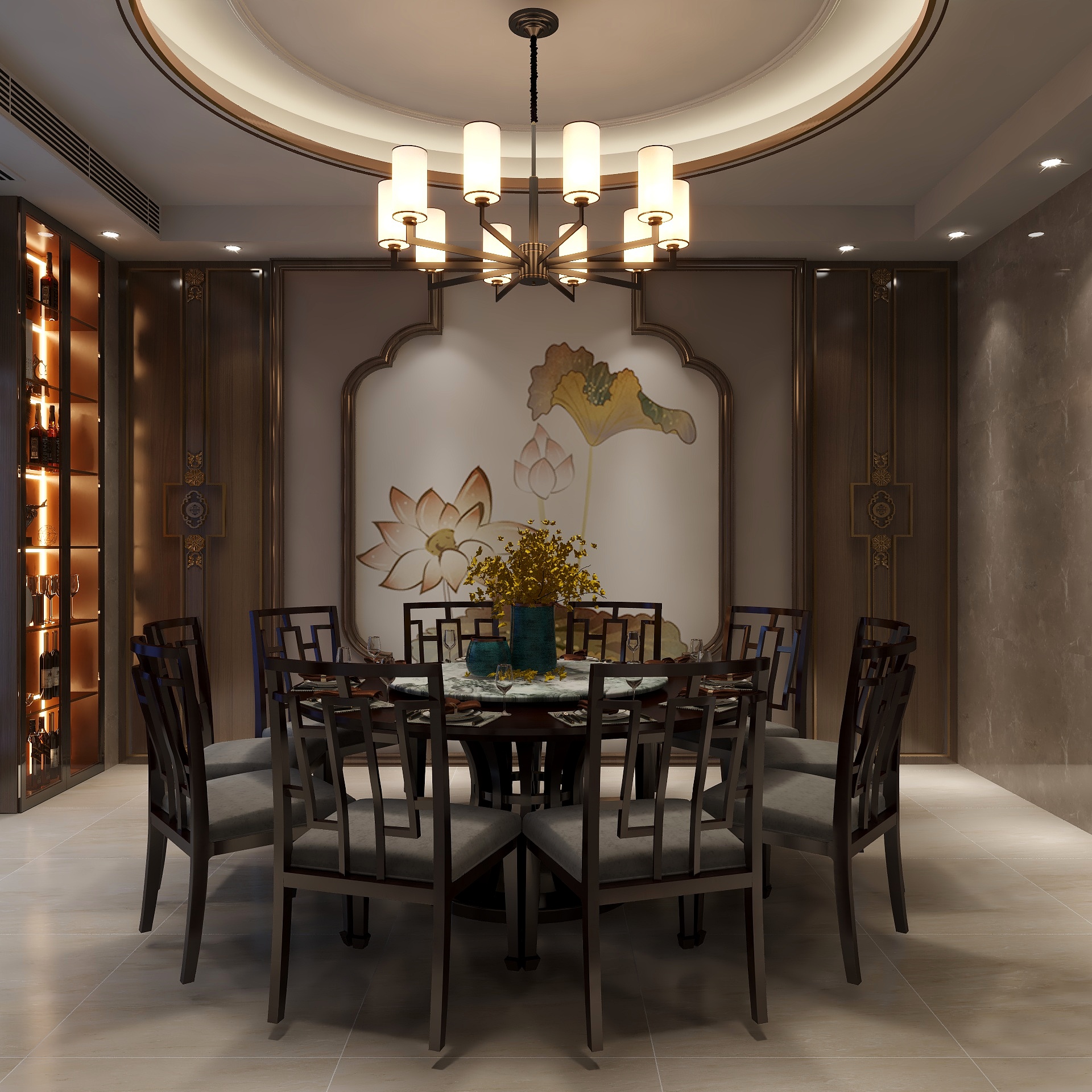 湛智华-新中式别墅挑空客餐厅128平装修效果图