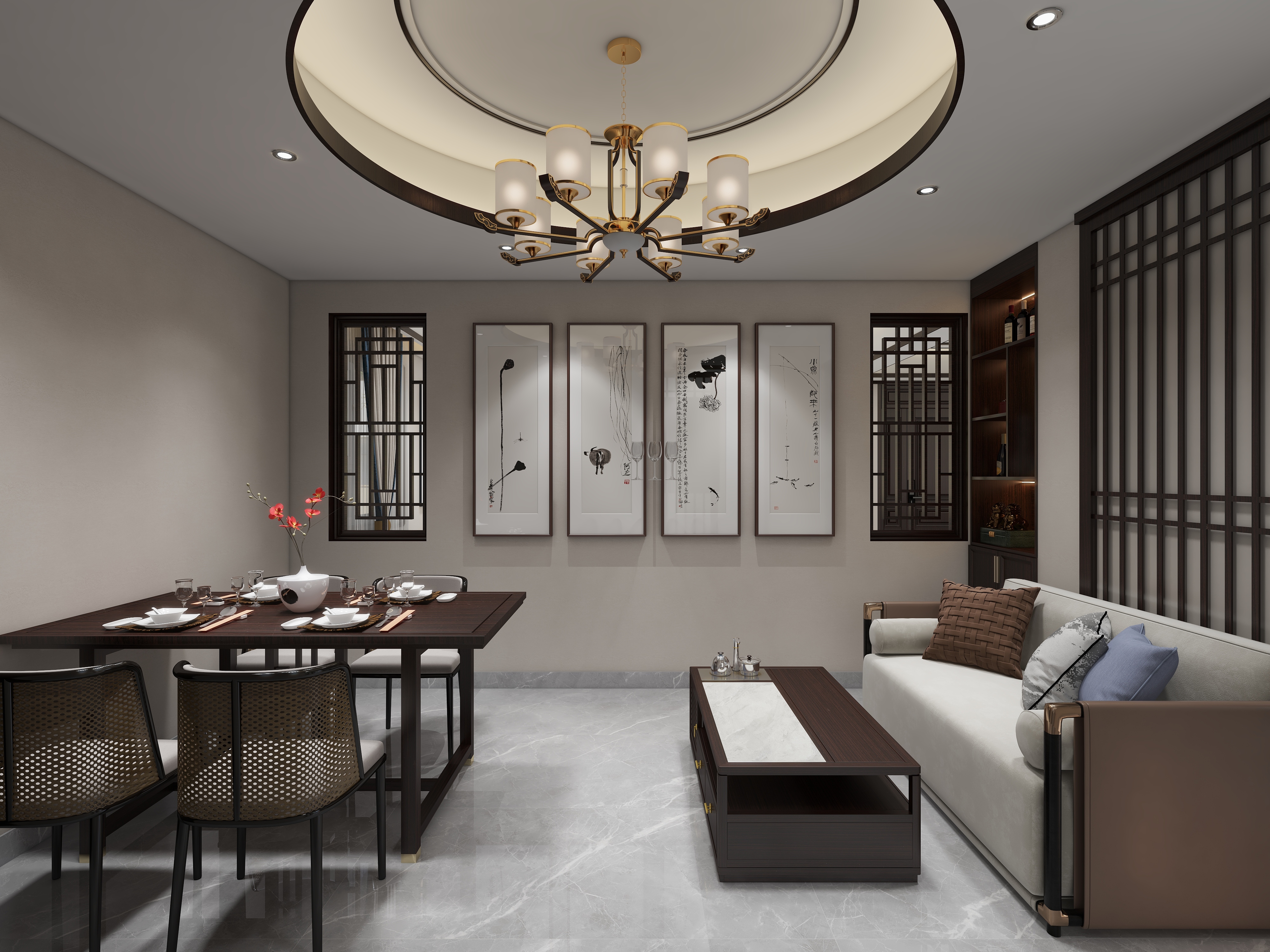 张福梅-徽派别墅新中式128㎡1室装修效果图