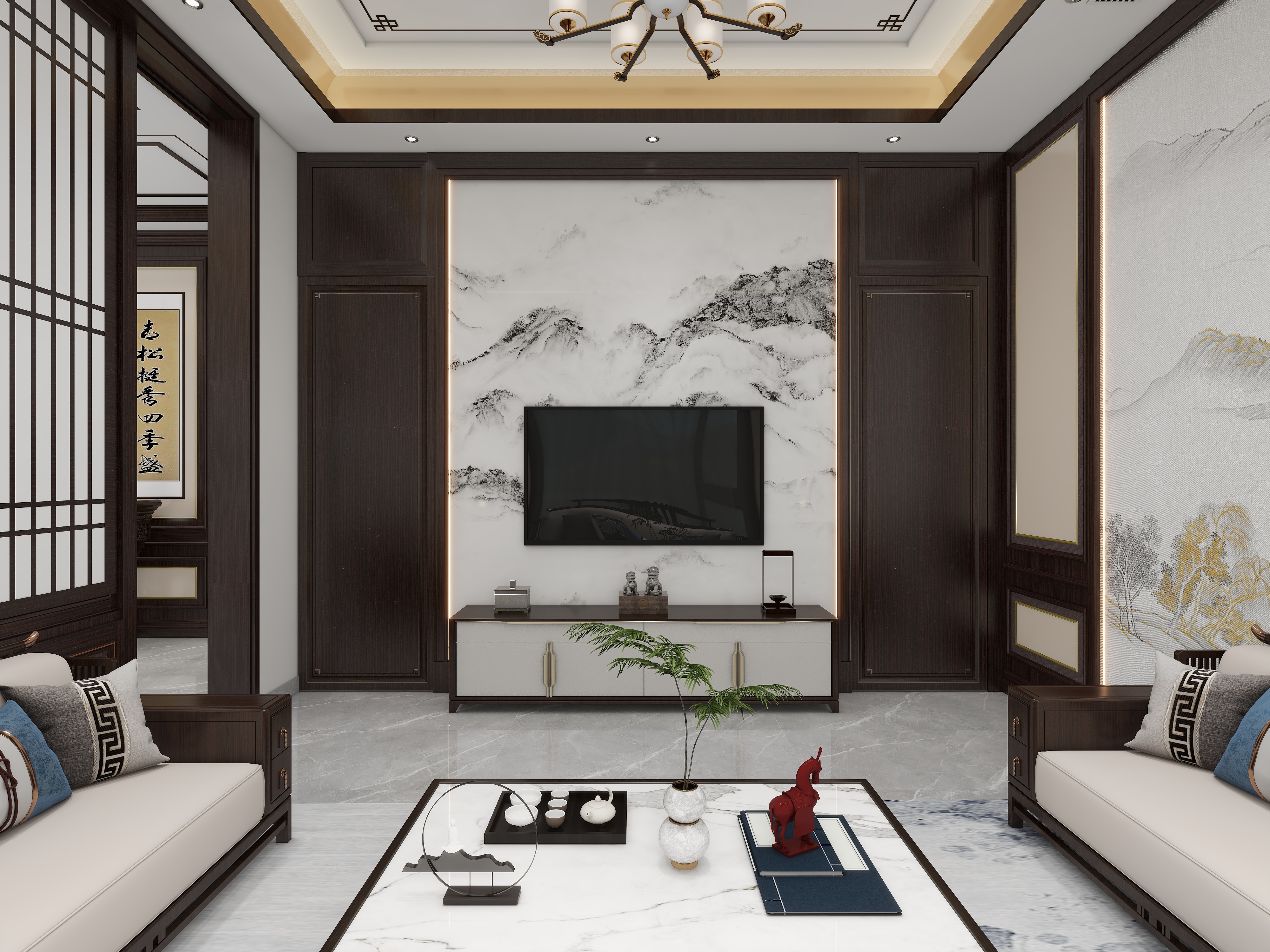 张福梅-徽派别墅新中式128㎡1室装修效果图