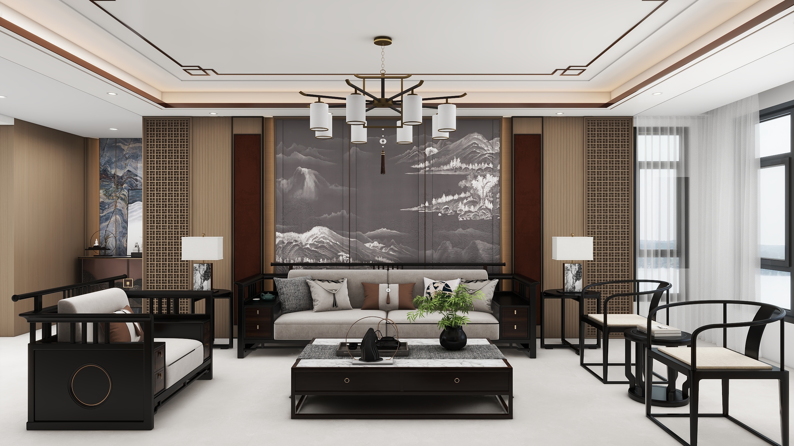 默言效果图-新中式二层别墅装修效果图