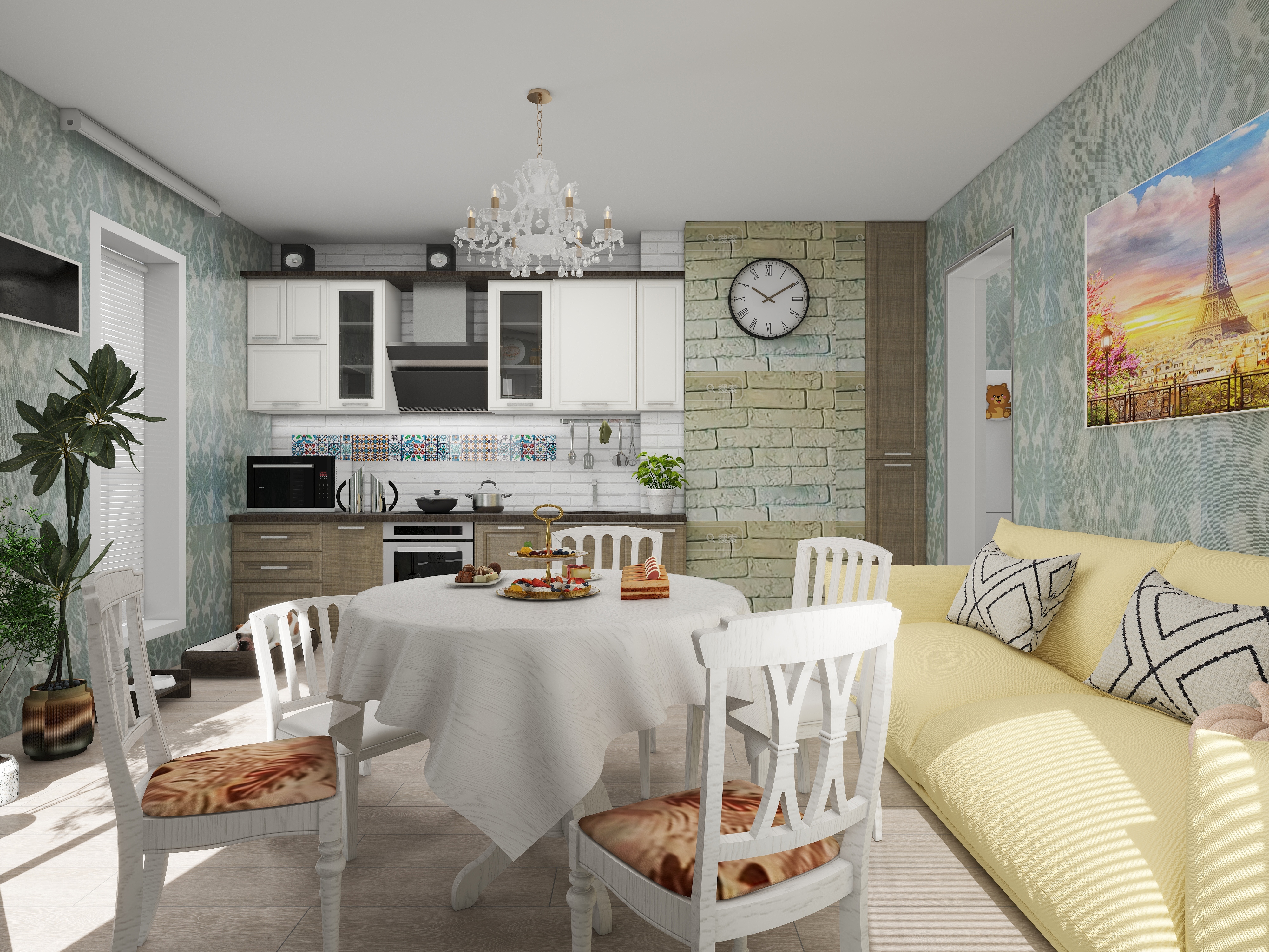 独立设计师花夏-简欧客餐厨一体化设计-装修设计方案