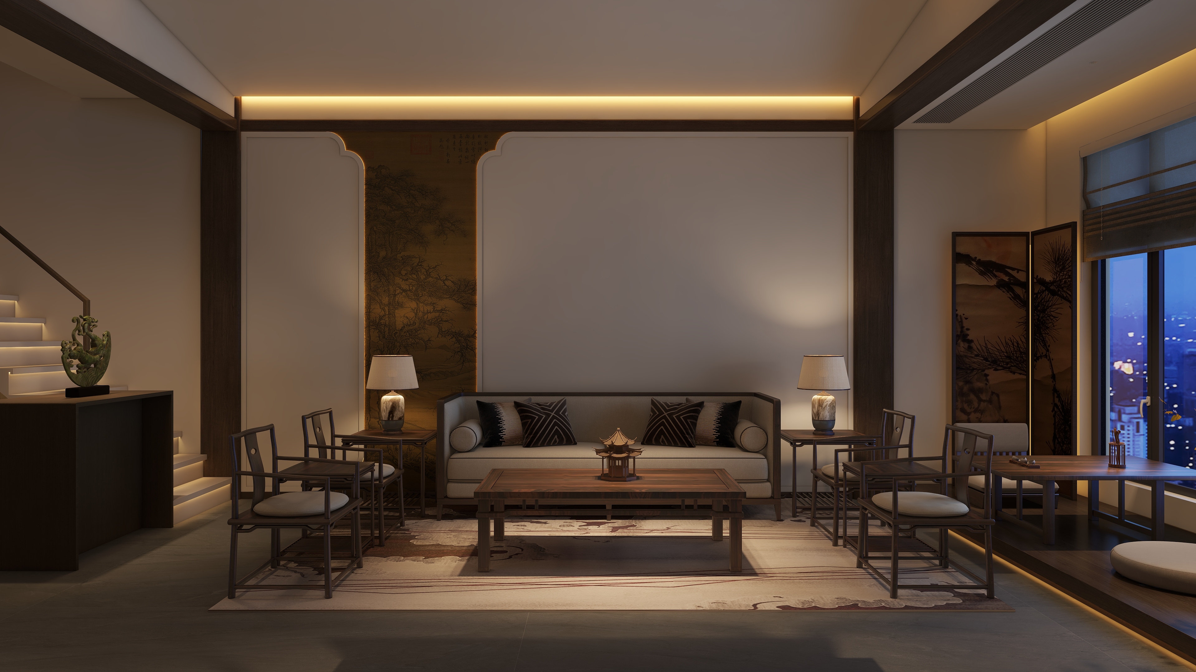 茶韵风轻-宋式美学中式李宅占地125平装修效果图