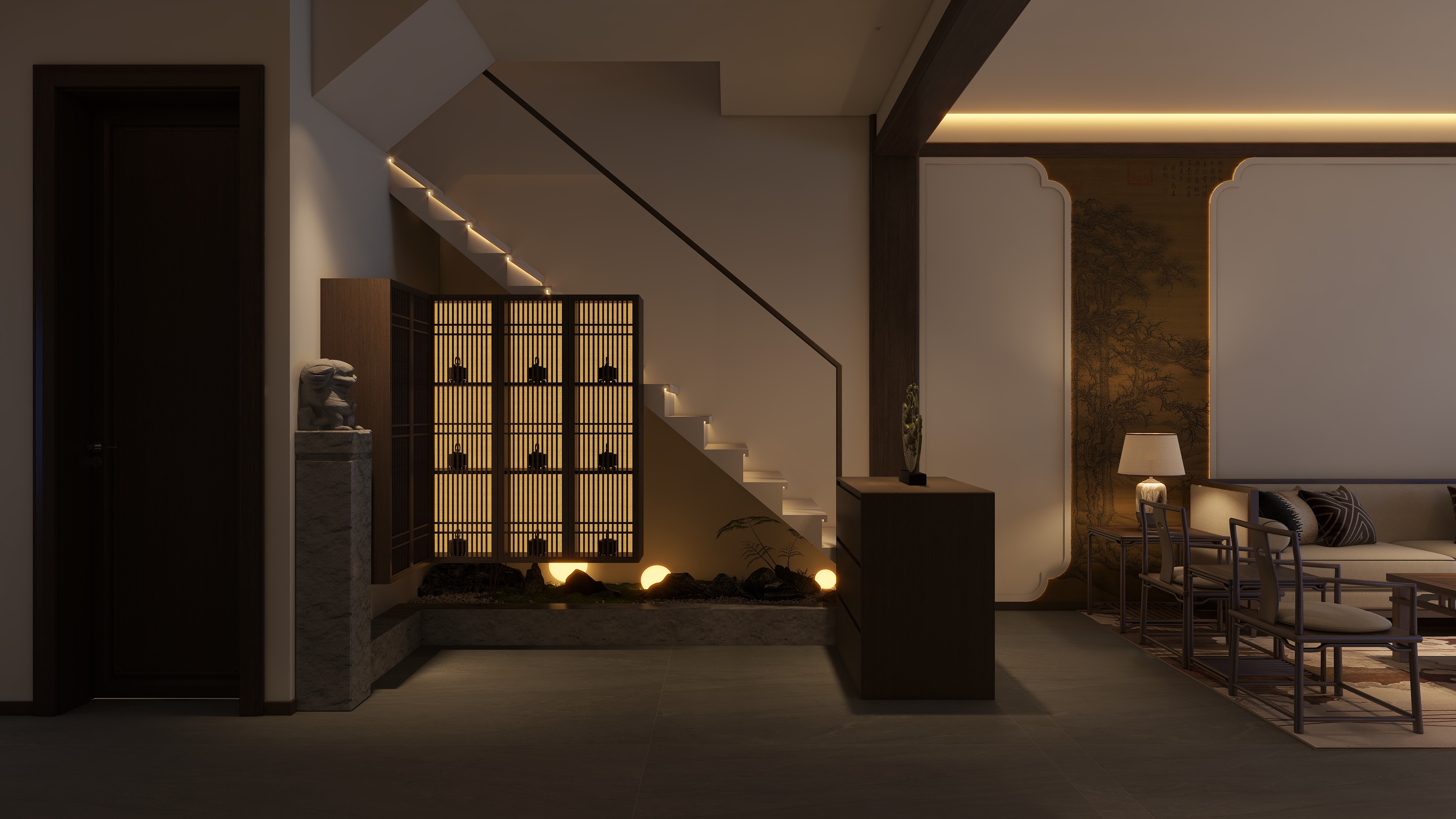 茶韵风轻-宋式美学中式李宅占地125平装修效果图