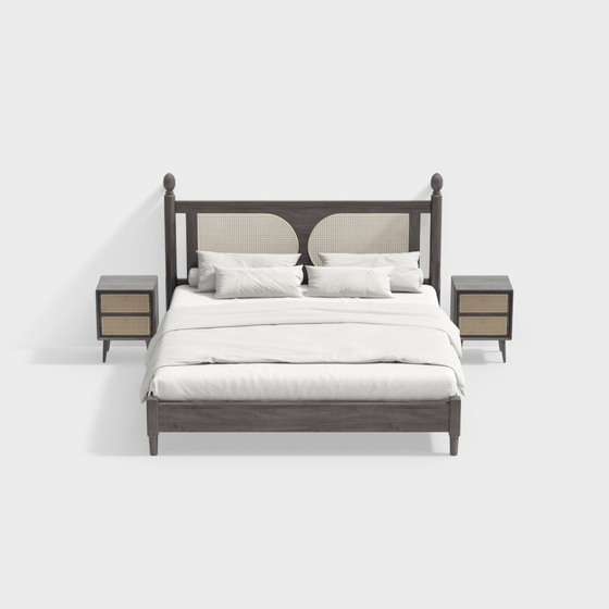 Traditional Style Double Bed Combination 3D Model in Brown