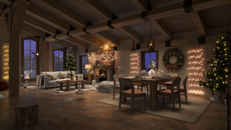 Festive Art Deco Living Room with Wood Tones