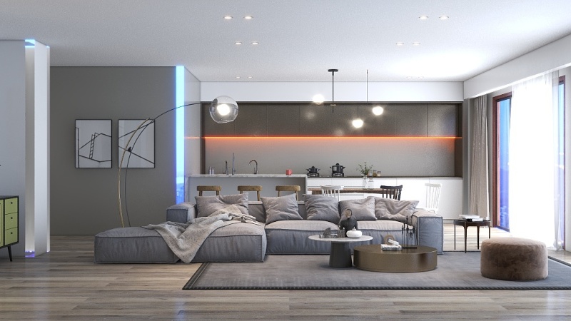 Modern Minimalist Gray Living Room with Art Deco Touches