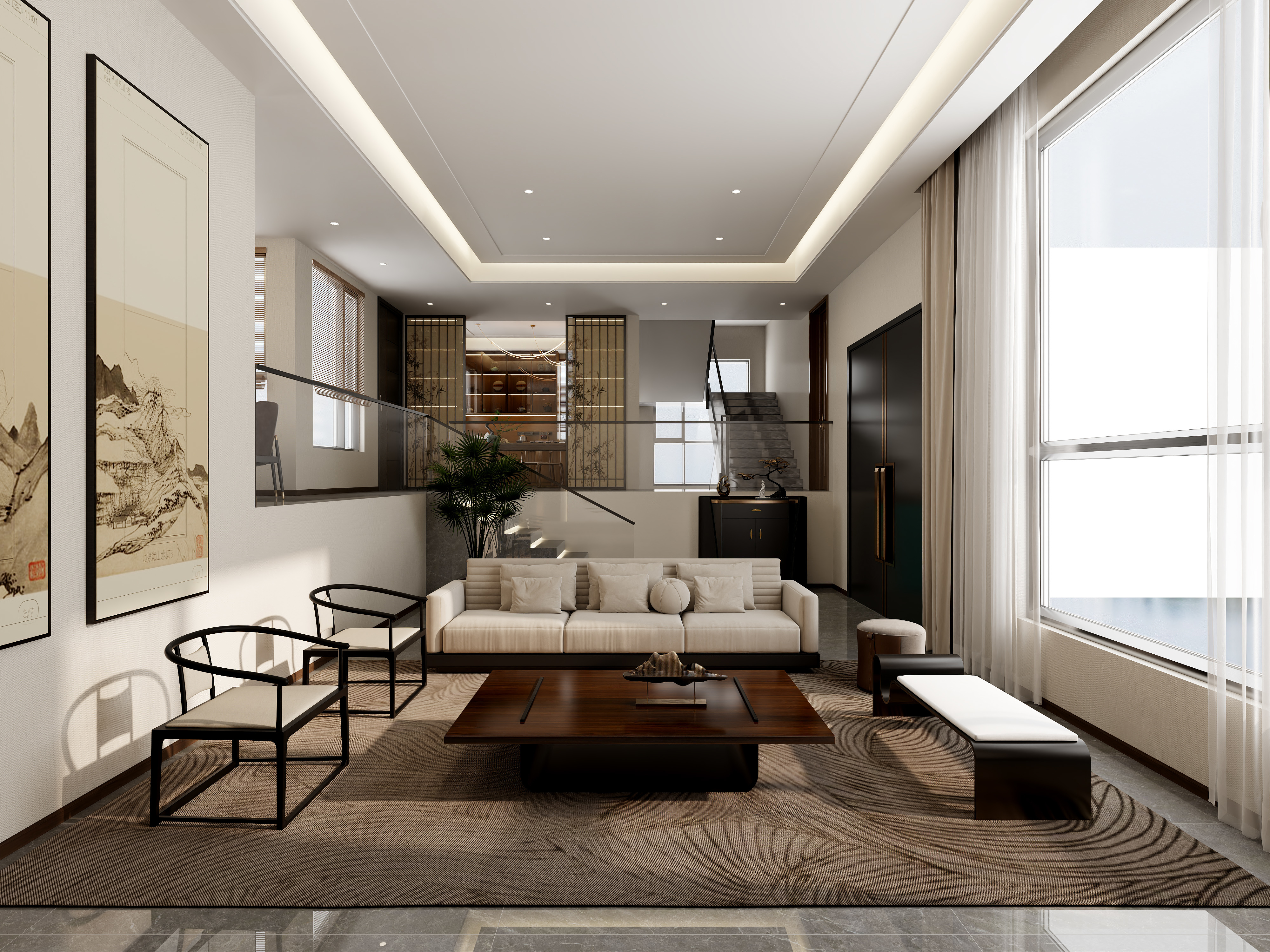 孙有权-『岁聿云暮』125平丨新中式跃层别墅装修效果图