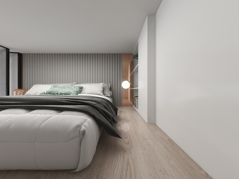 Minimalist Grey Bedroom with Warm Wood Tones