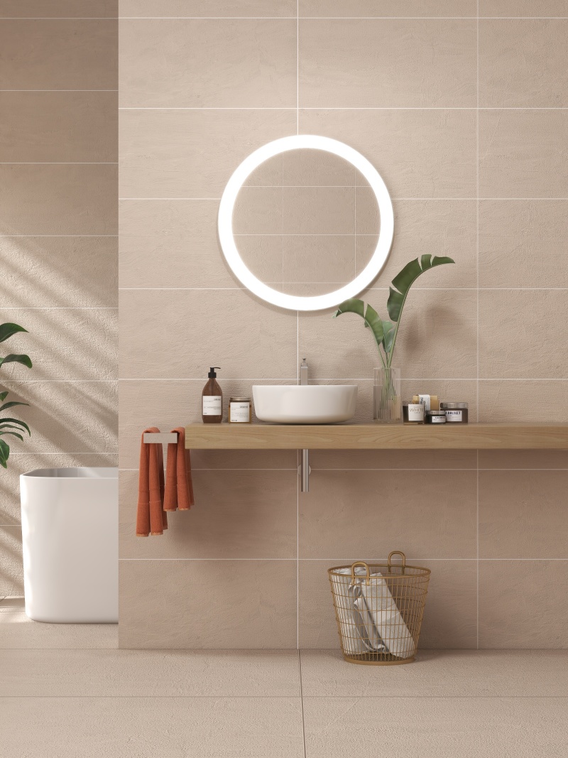 Modern Minimalist Bathroom with Wood Tones