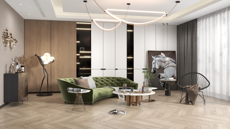 Modern Transitional Living Room with Wood Tones