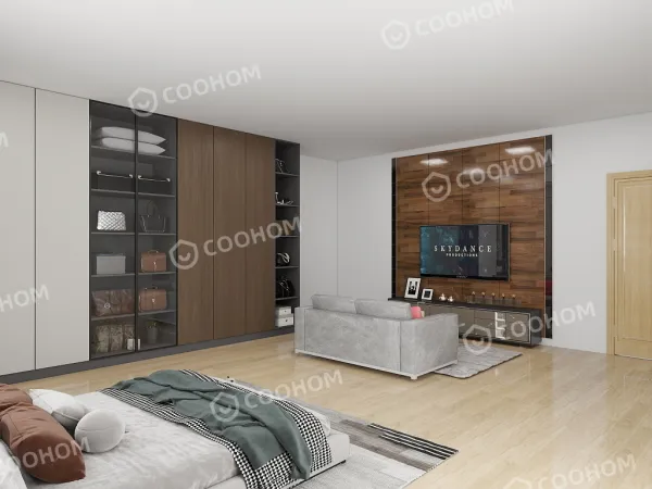 simple and stylish modern Italian master bedroom. with wardrobe and tv unit