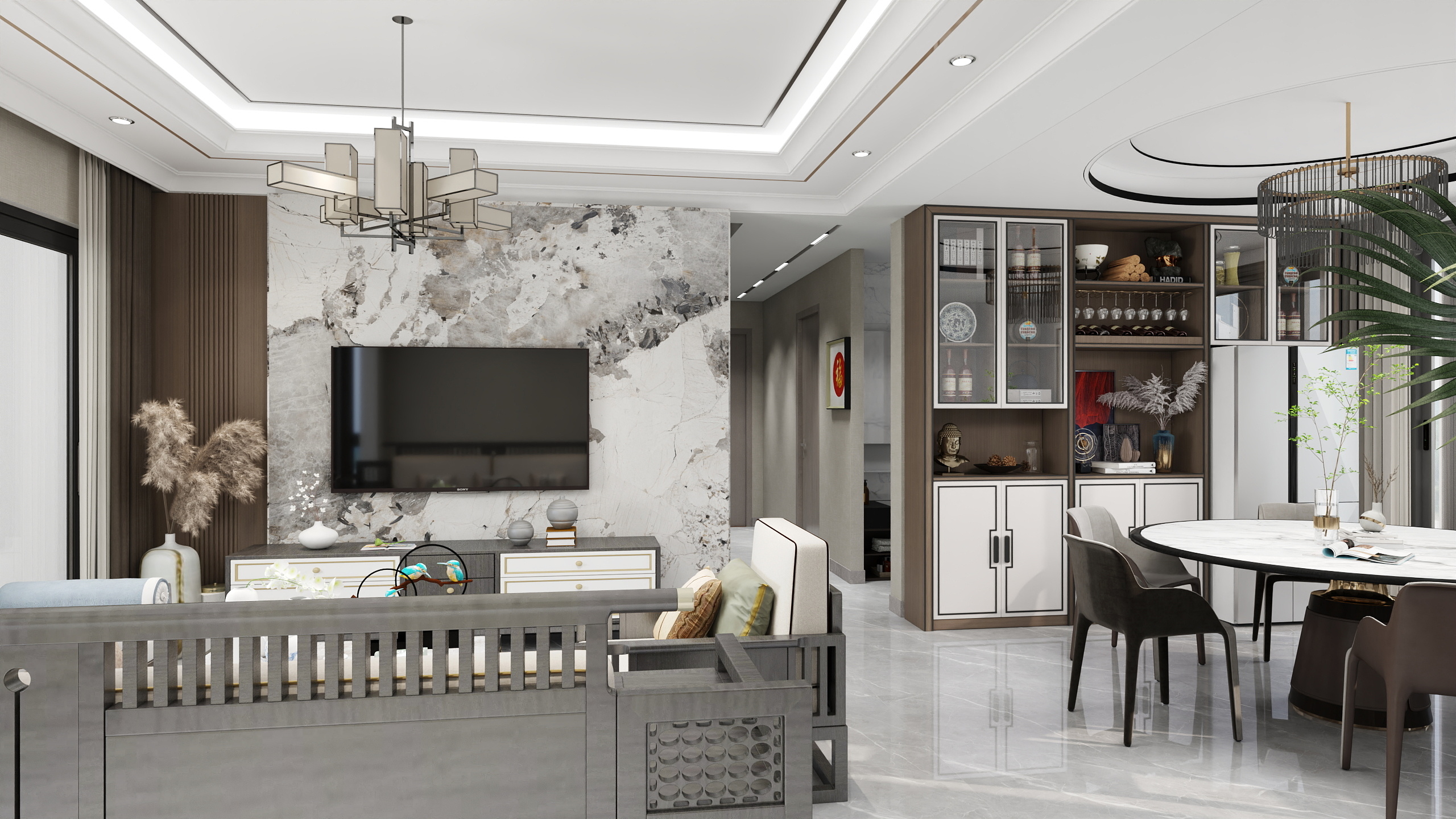 油画一笔-新中式样板房装修效果图