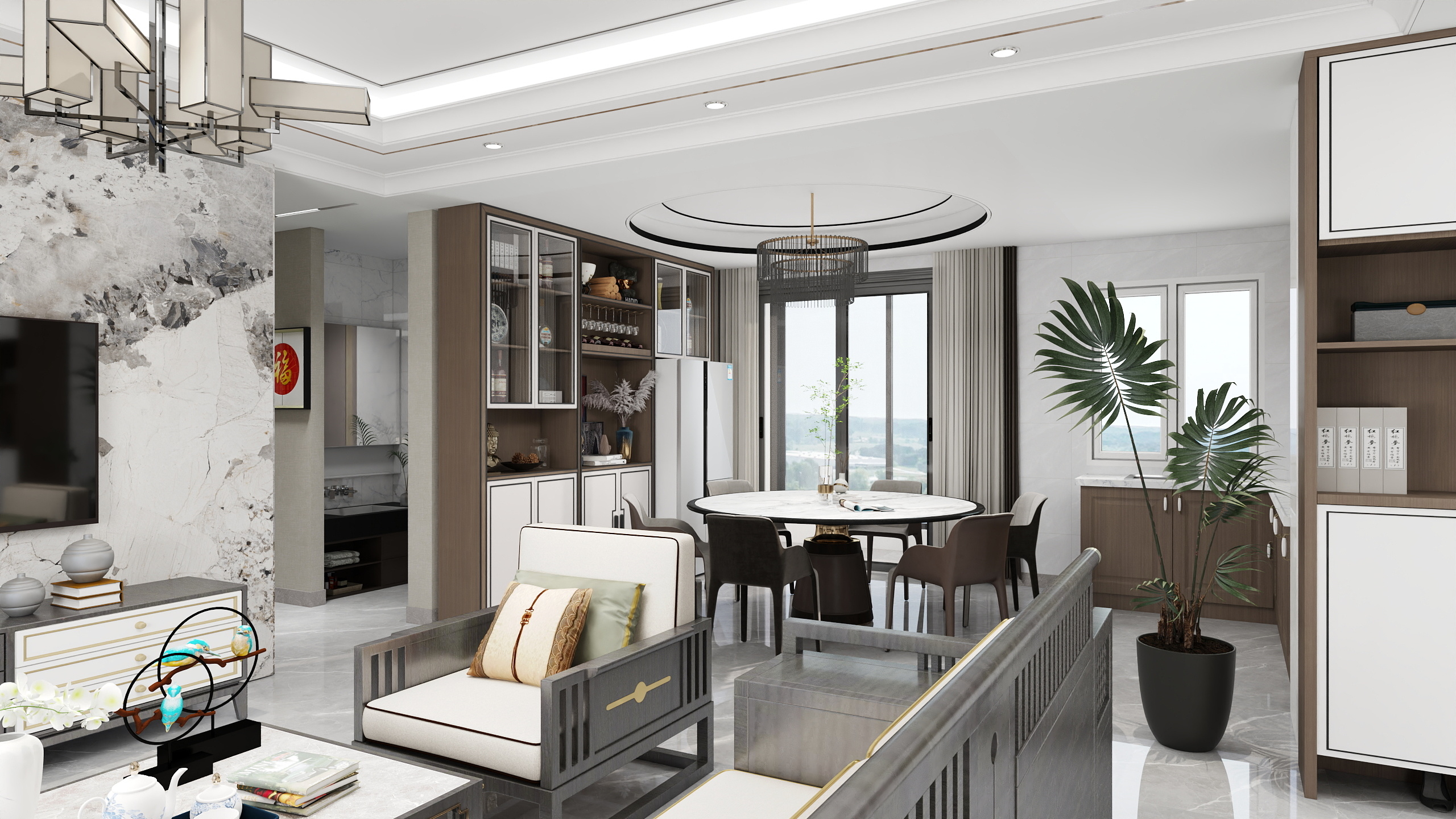 油画一笔-新中式样板房装修效果图