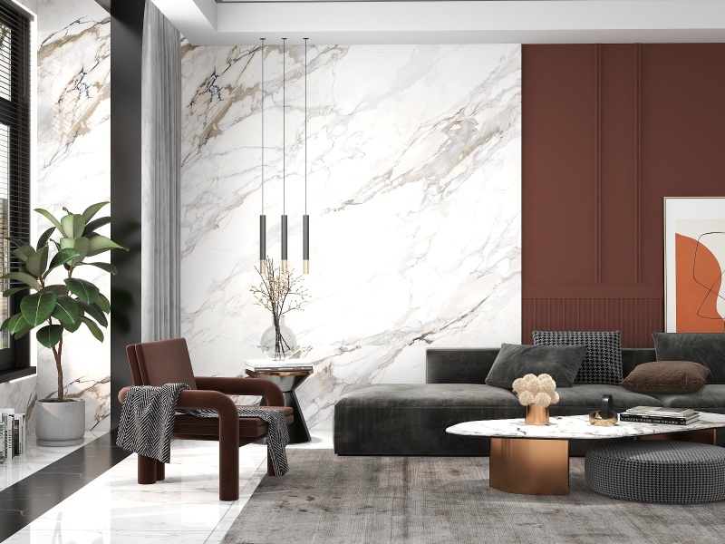 Elegant Neoclassical Living Room with Red Accent