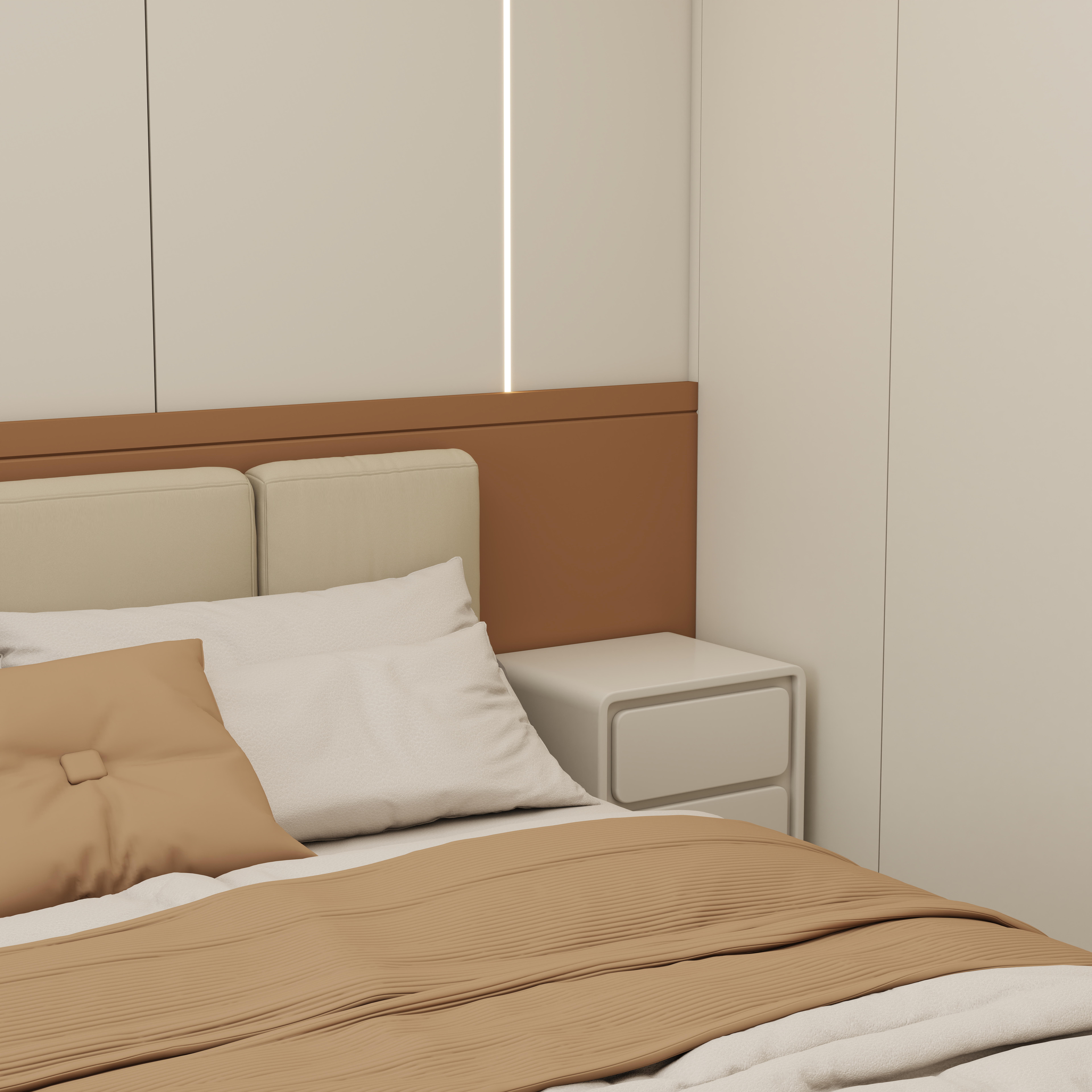 壹诺设计工作室-113㎡3室-奶油风一层主卧装修效果图第3张