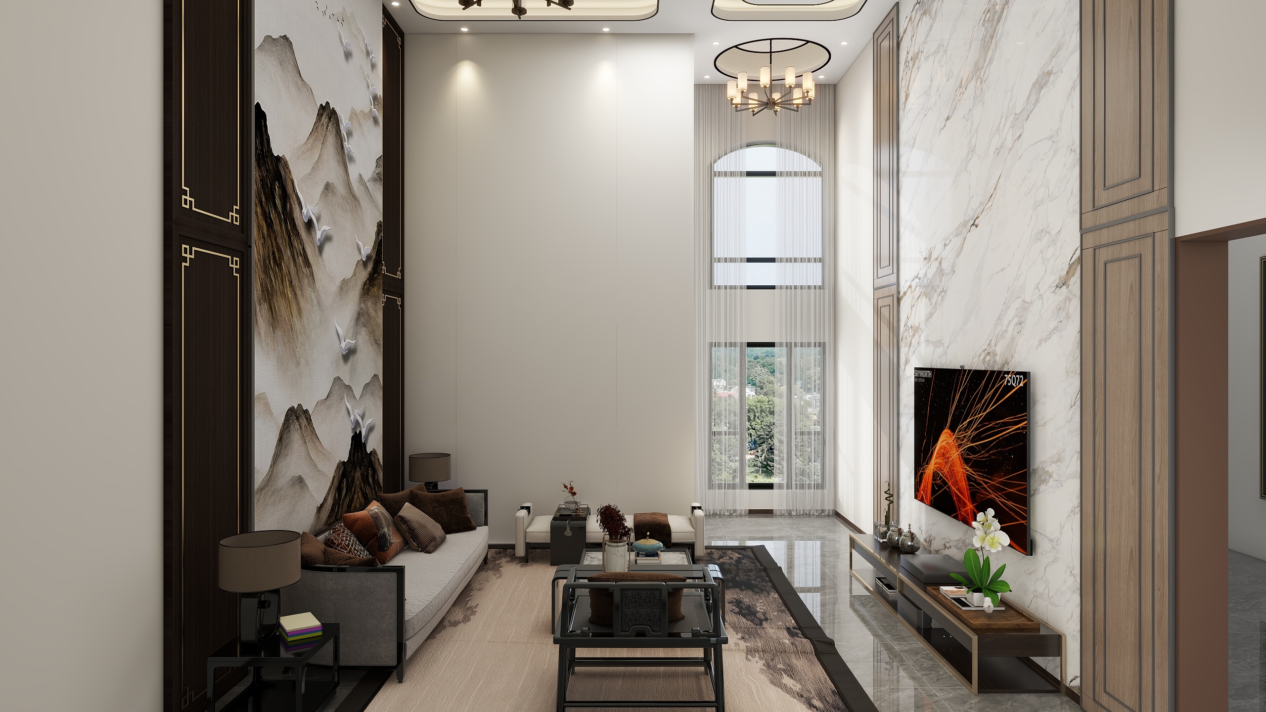 李青越-104平方新中式客厅装修效果图